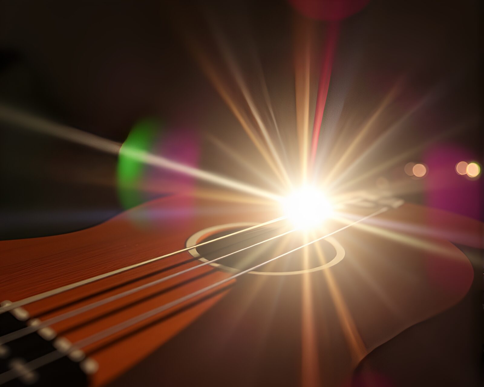 Miniature guitar bathed in sunbeams with chromatic aberration