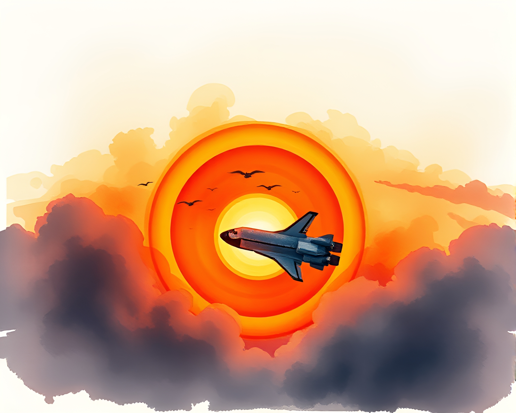 Space Shuttle amidst Sunset Smoke Rings Watercolor Painting – free AI stock image