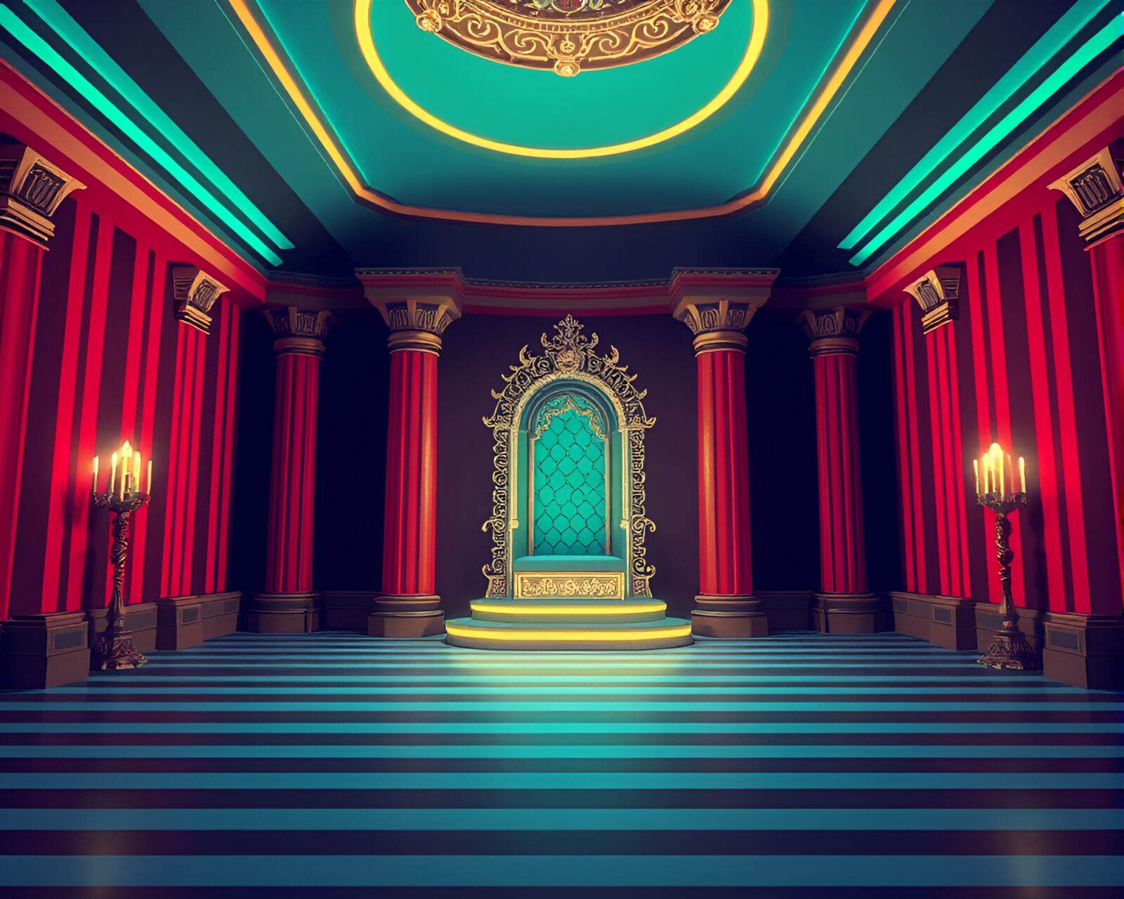 Vibrant flat color image of regal throne room