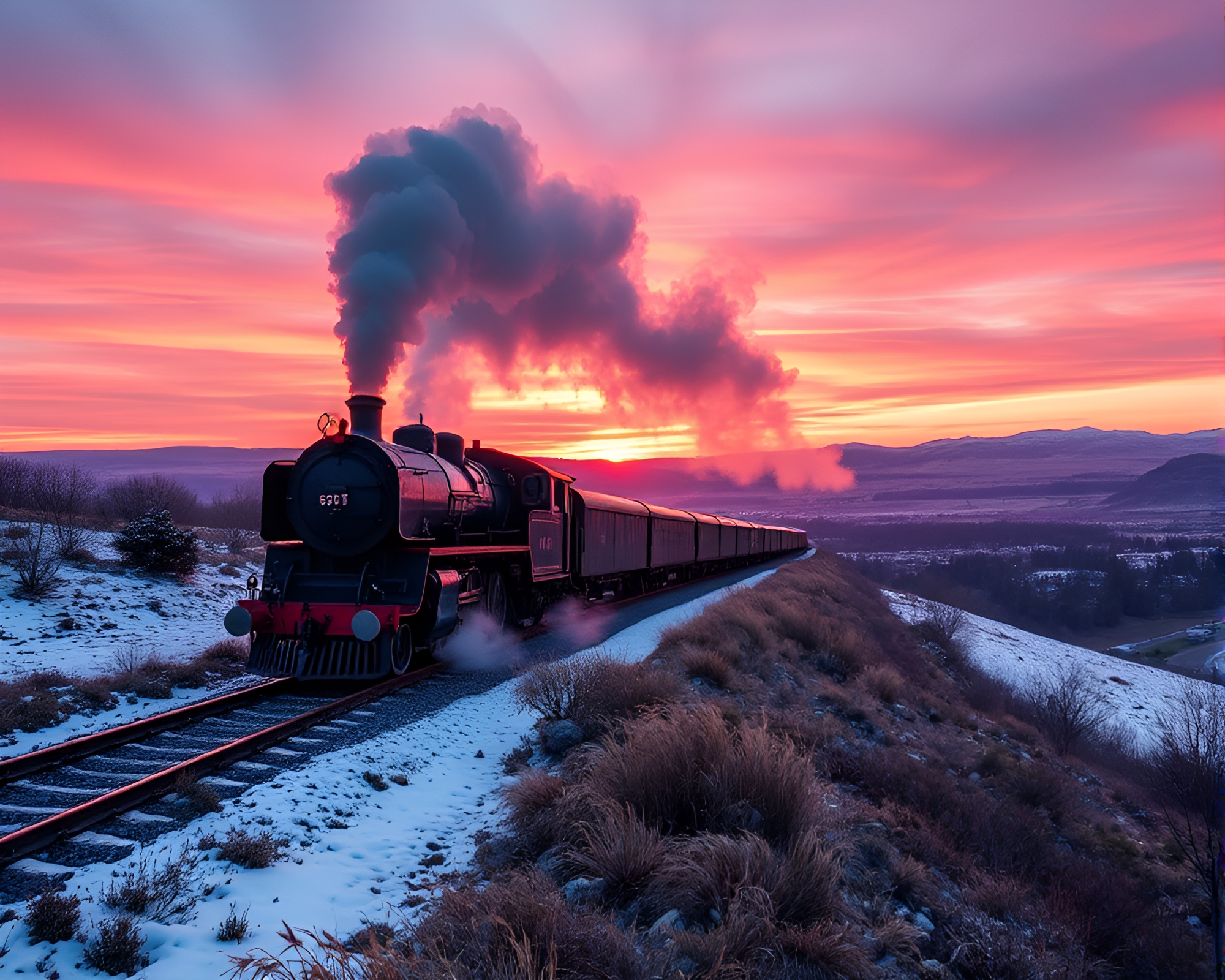 Sunrise Glow over Steam Locomotive Panorama – free AI stock image