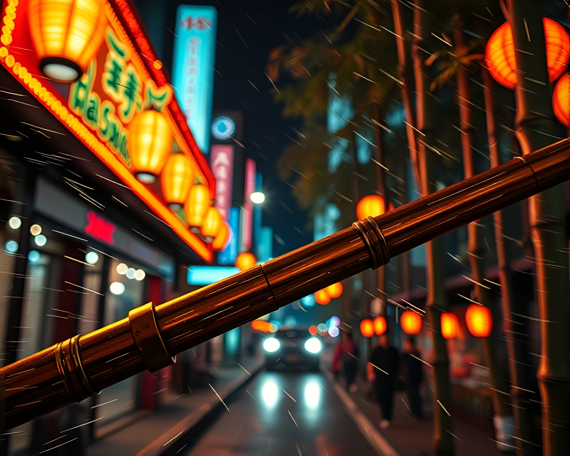 Glowing Bamboo Flute Amid Metallic Scratches – free AI stock image