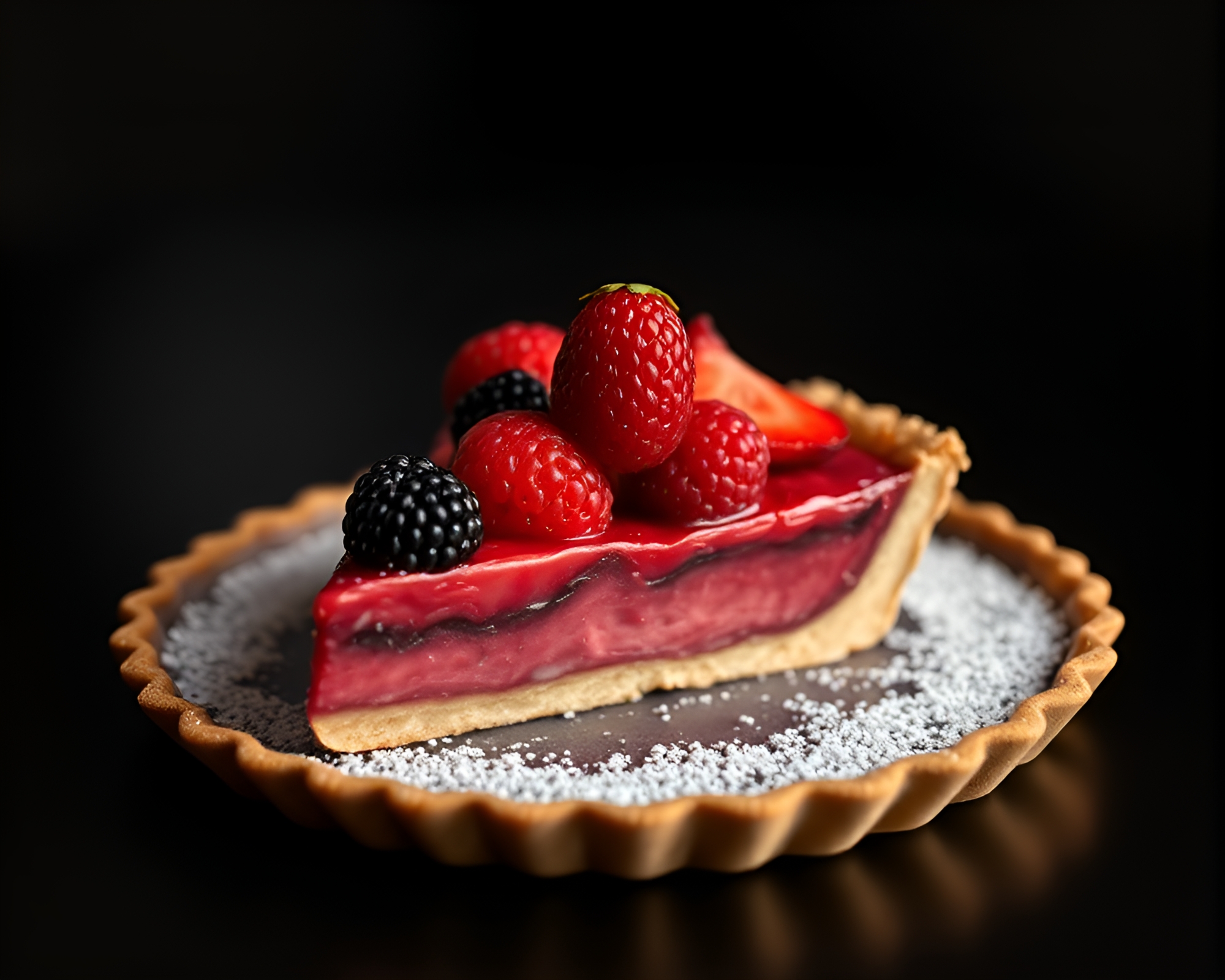 Minimalist Gold Fruit Tart with Volcano Glow – free AI stock image