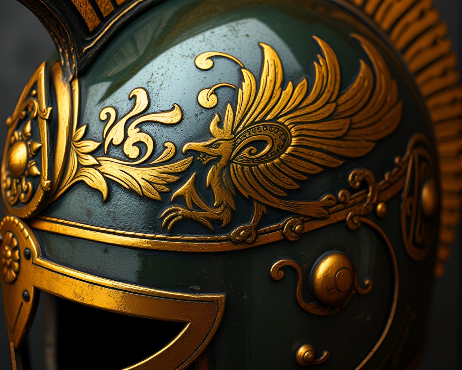 A stunning tempera painting of a detailed engraved helmet in savannah tones
