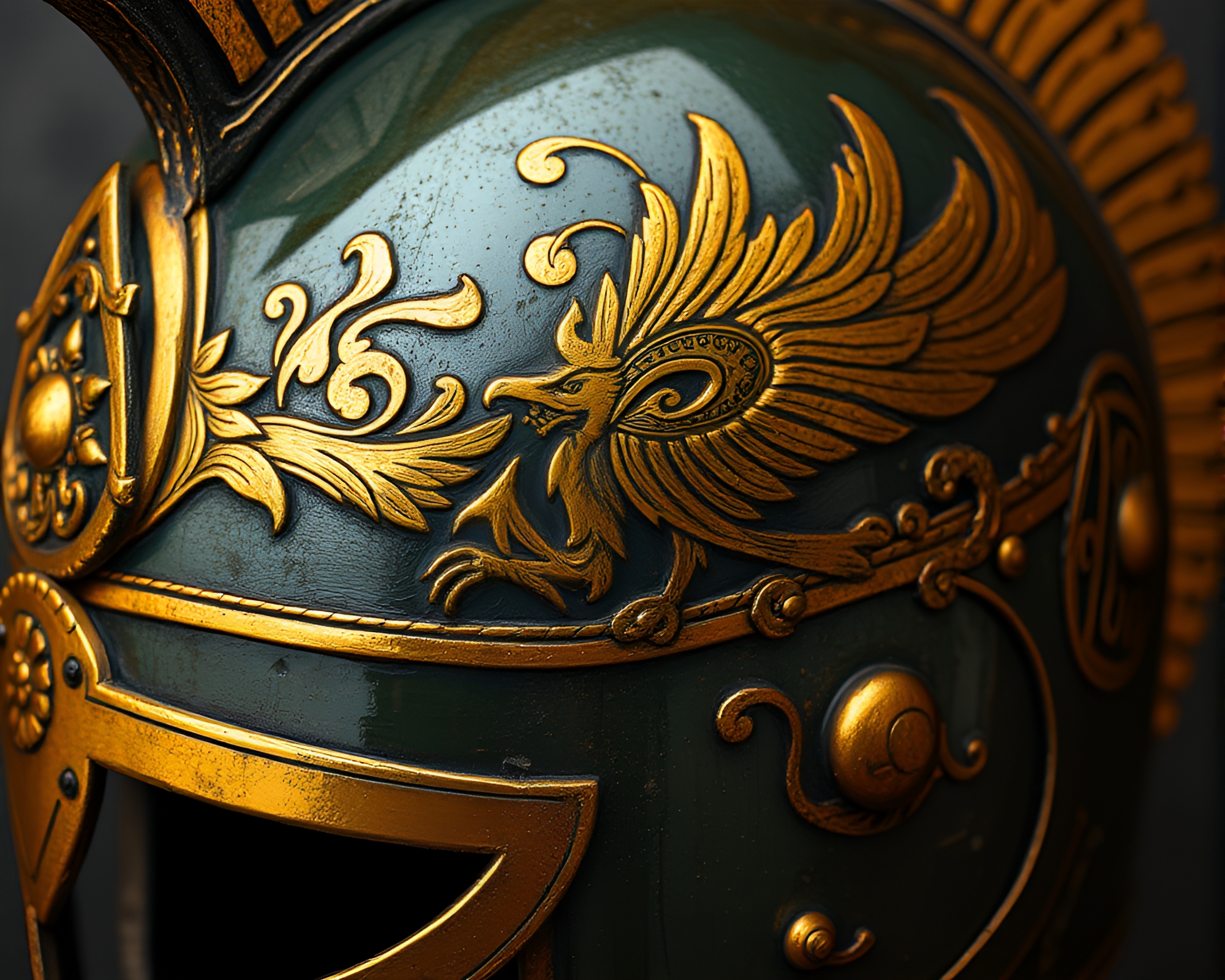 Majestic Templar Helmet Engravings in Golden Savannah Light – free AI stock image