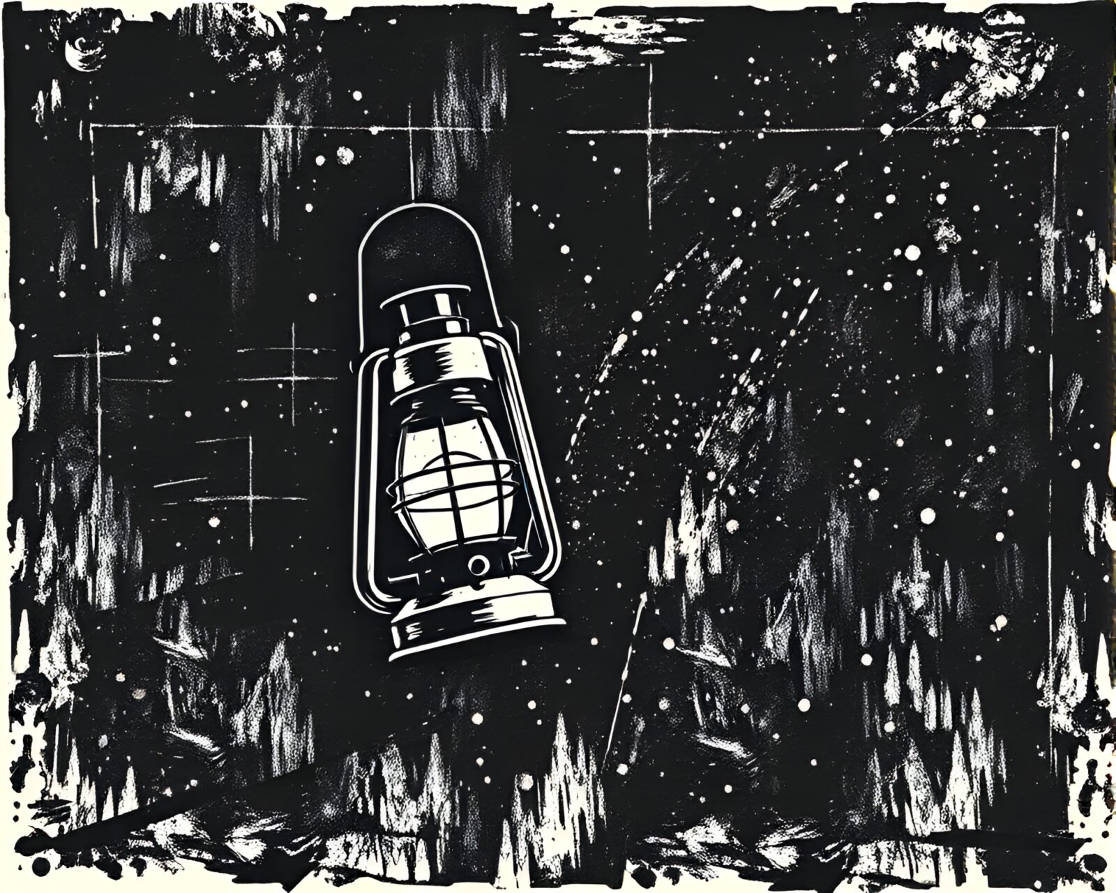 Vibrant linocut ink splashes surrounding microphone in warm lantern light