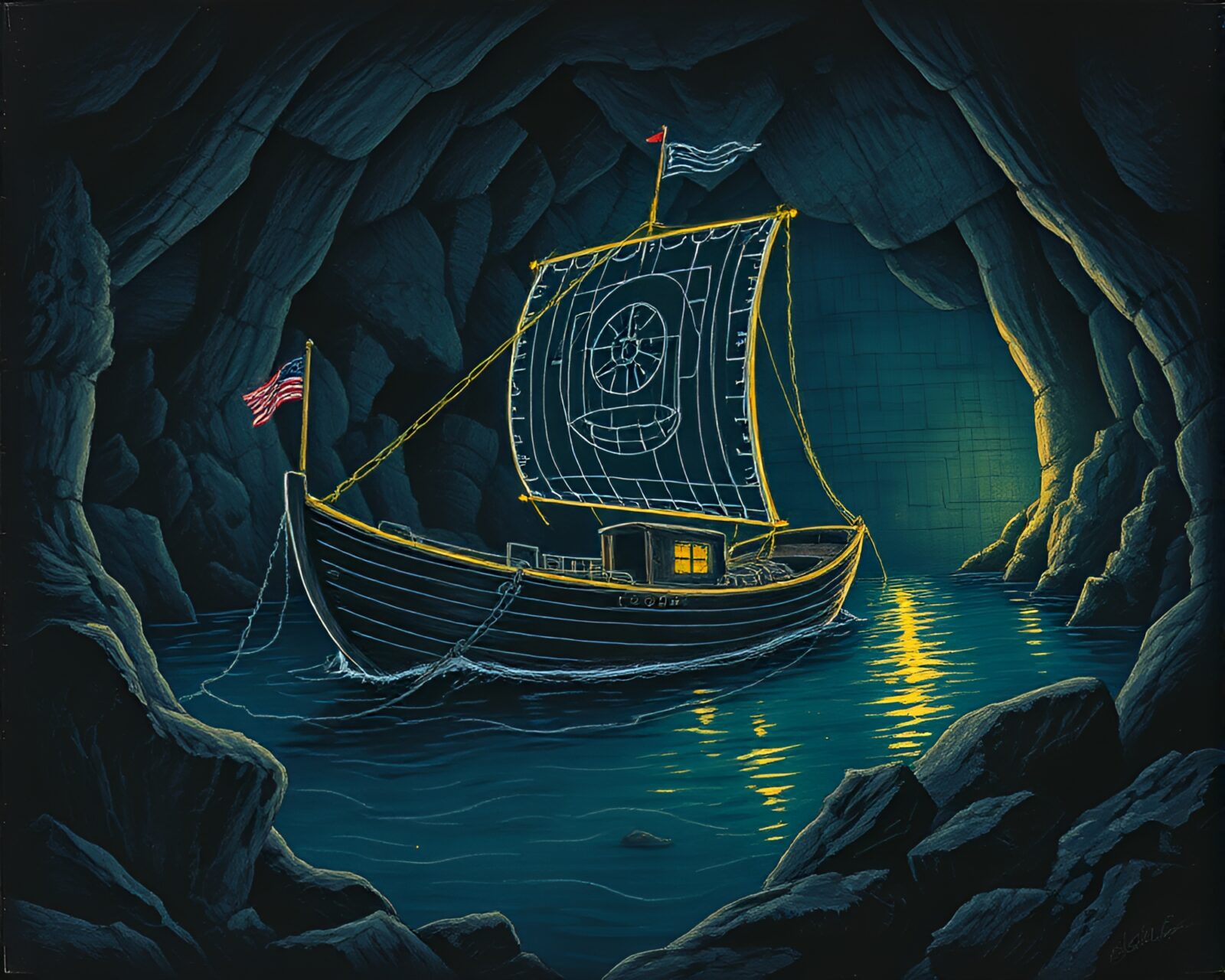Eerie hydrofoil boat in dim torchlight amidst chalk scrawls