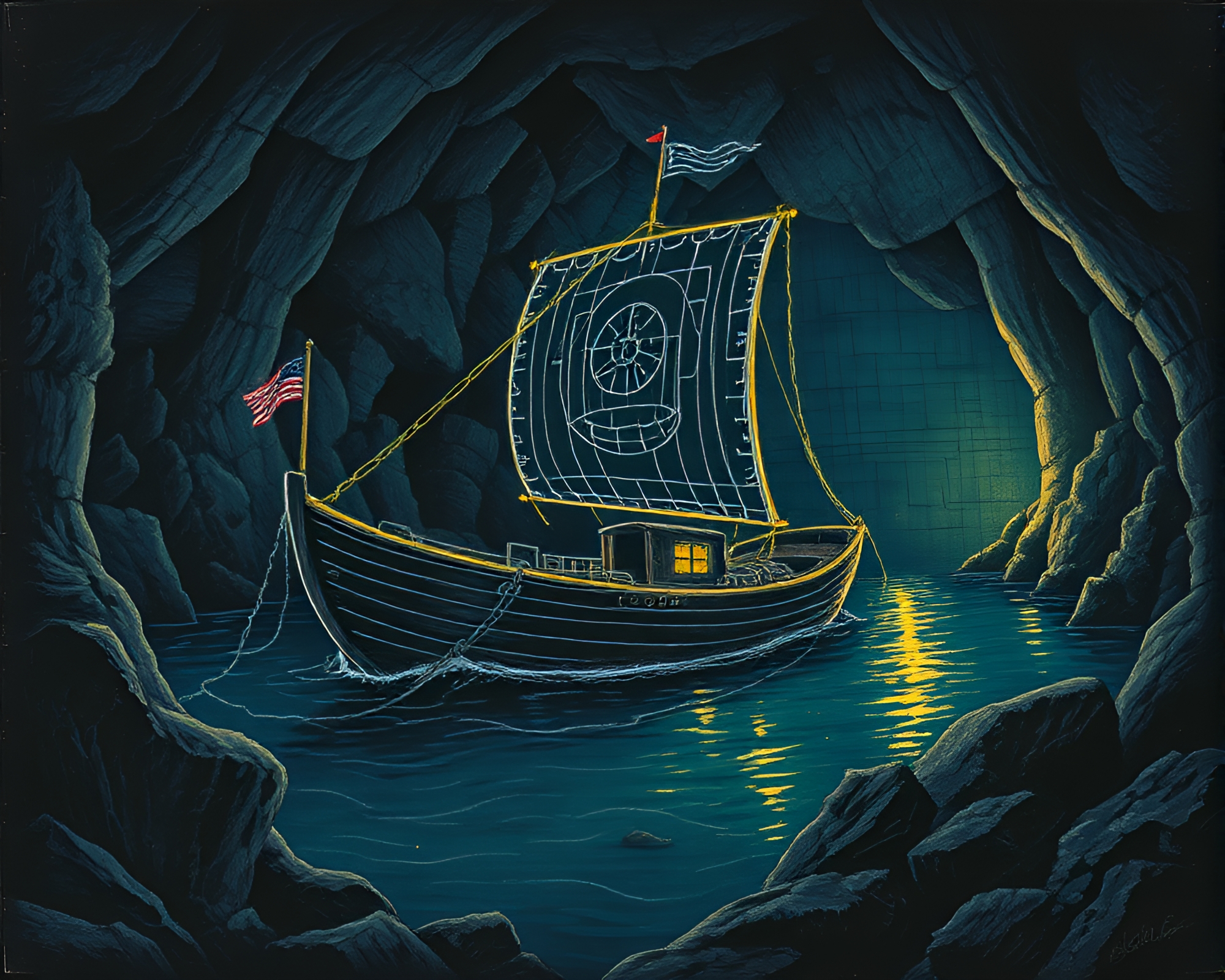 Ghostly hydrofoil drifting through chalk dungeon – free AI stock image