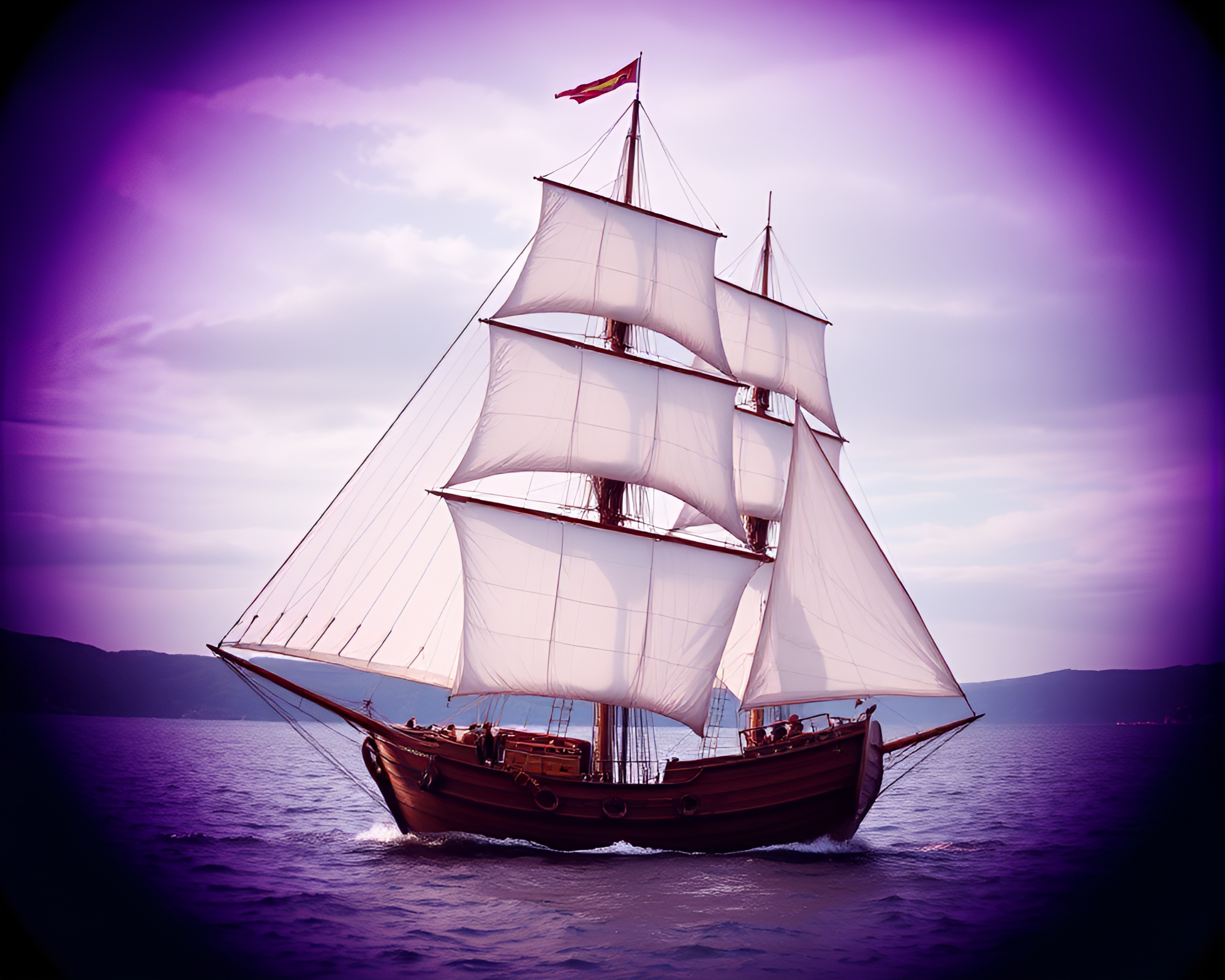 Split Focus Collage: Amethyst Sailing Ship Scene – free AI stock image