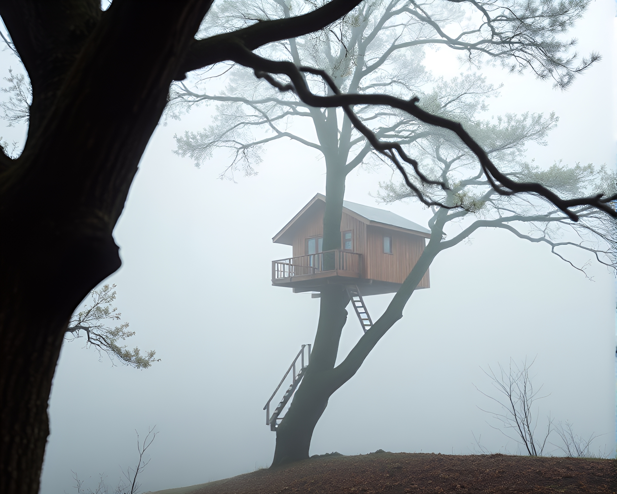 Enigmatic Treehouse in Minimalist Foggy Forest – free AI stock image