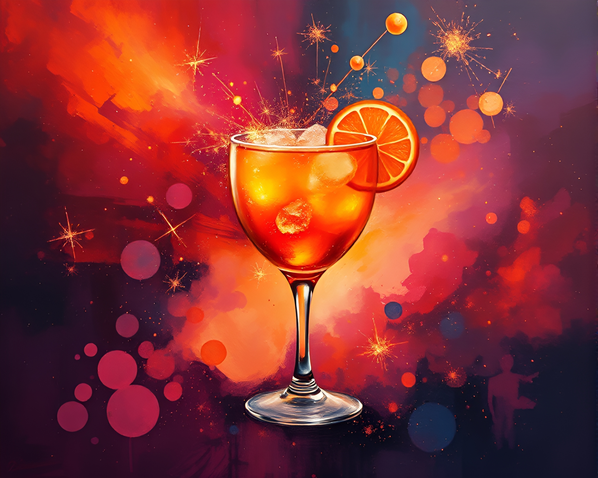 Sparkling Blood Orange Cocktail in Cosmic Expressionist Painting – free AI stock image
