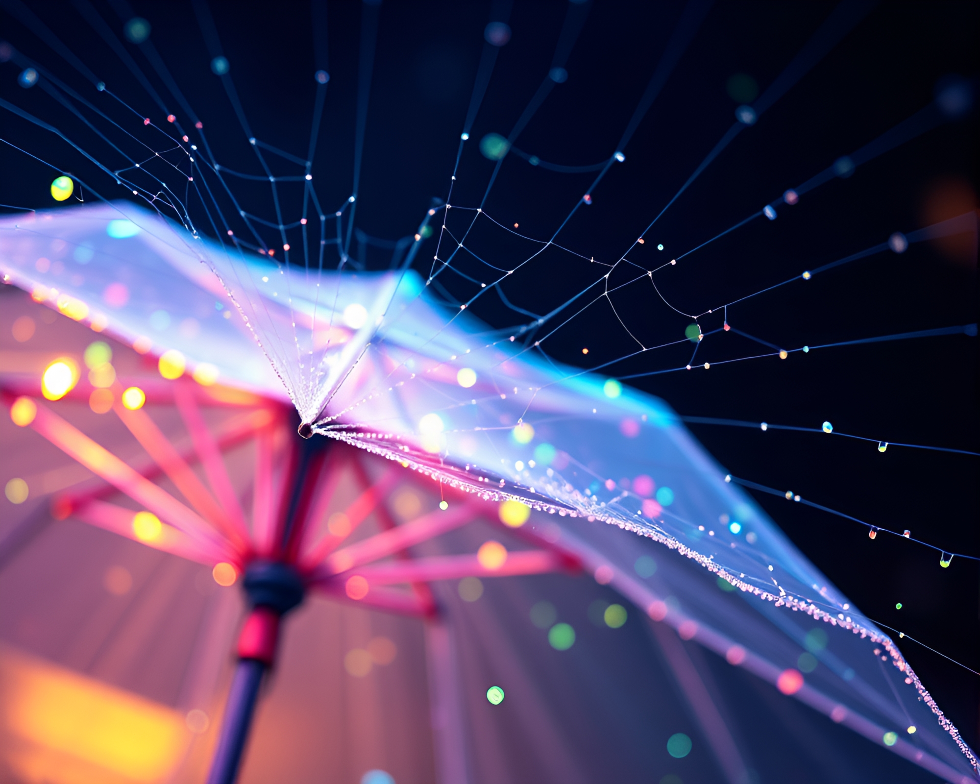 Neon Umbrella Shrouded in Cobweb Strands – free AI stock image