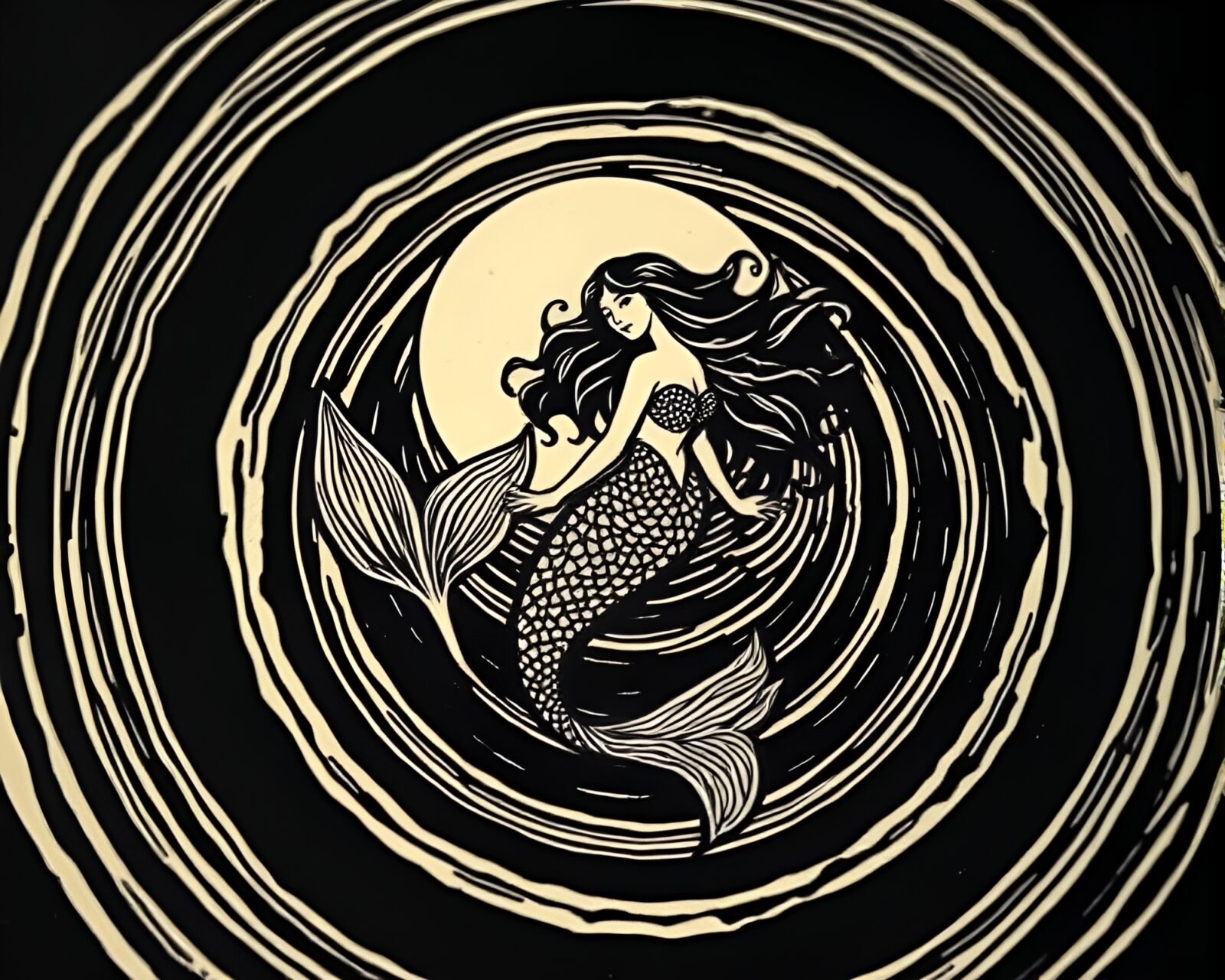 Concentric circles frame mermaid in vivid HDR woodcut
