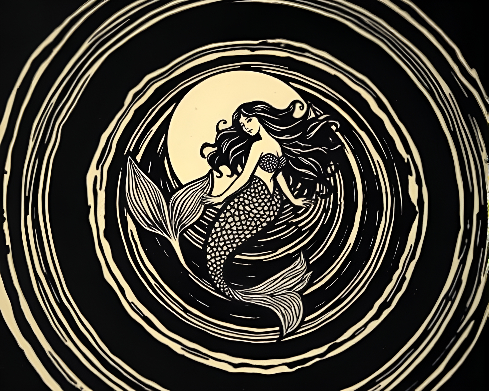 Mermaid in HDR Woodcut Circle Composition – free AI stock image