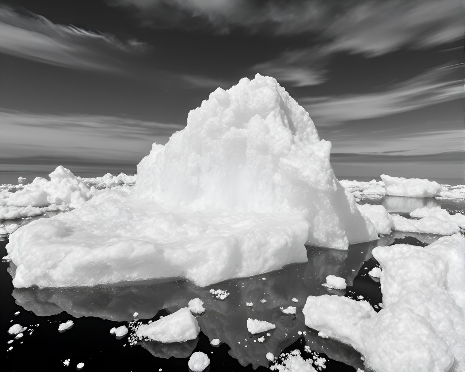 Stereograph of bubbles frozen in Arctic iceberg with volcanic ash hue