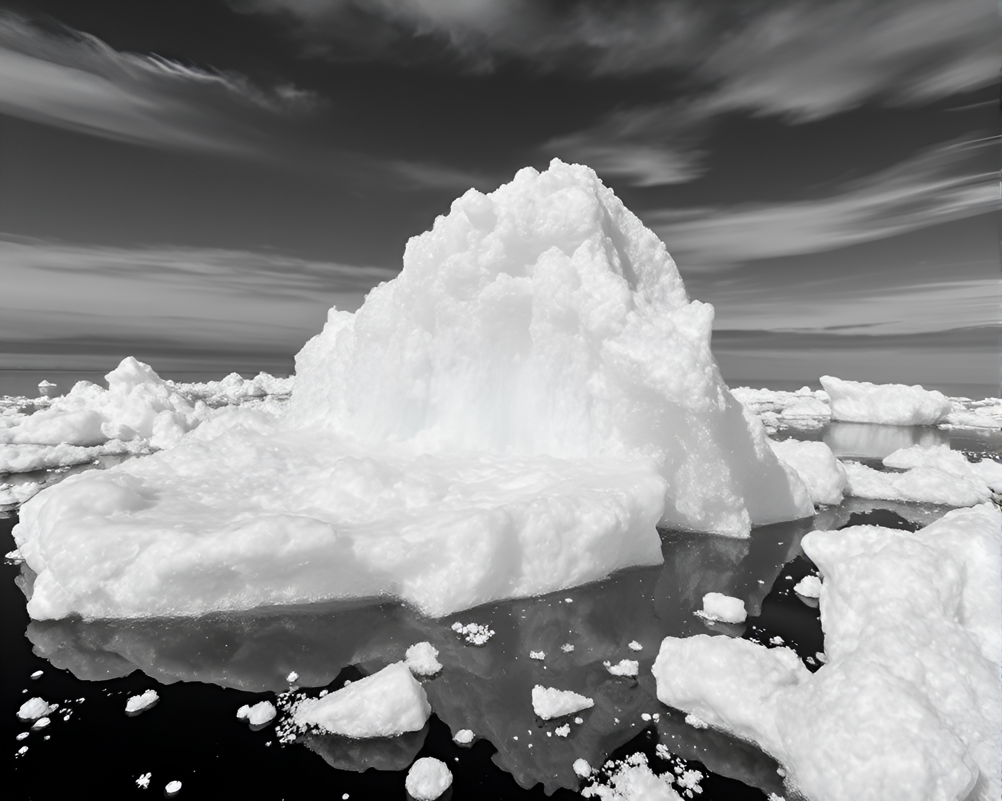 Arctic Iceberg Bubble Clusters Under Volcanic Ash Sky – free AI stock image