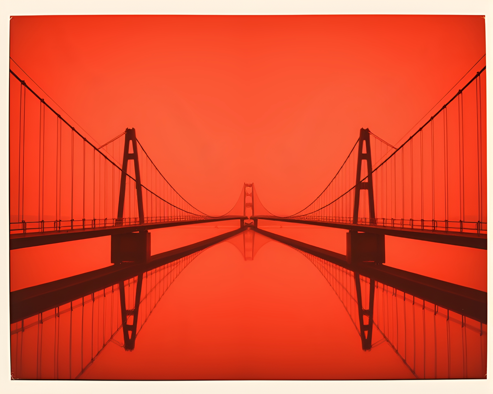 Symmetric Suspension: Monochrome Red Polaroid Bridge – free AI stock image