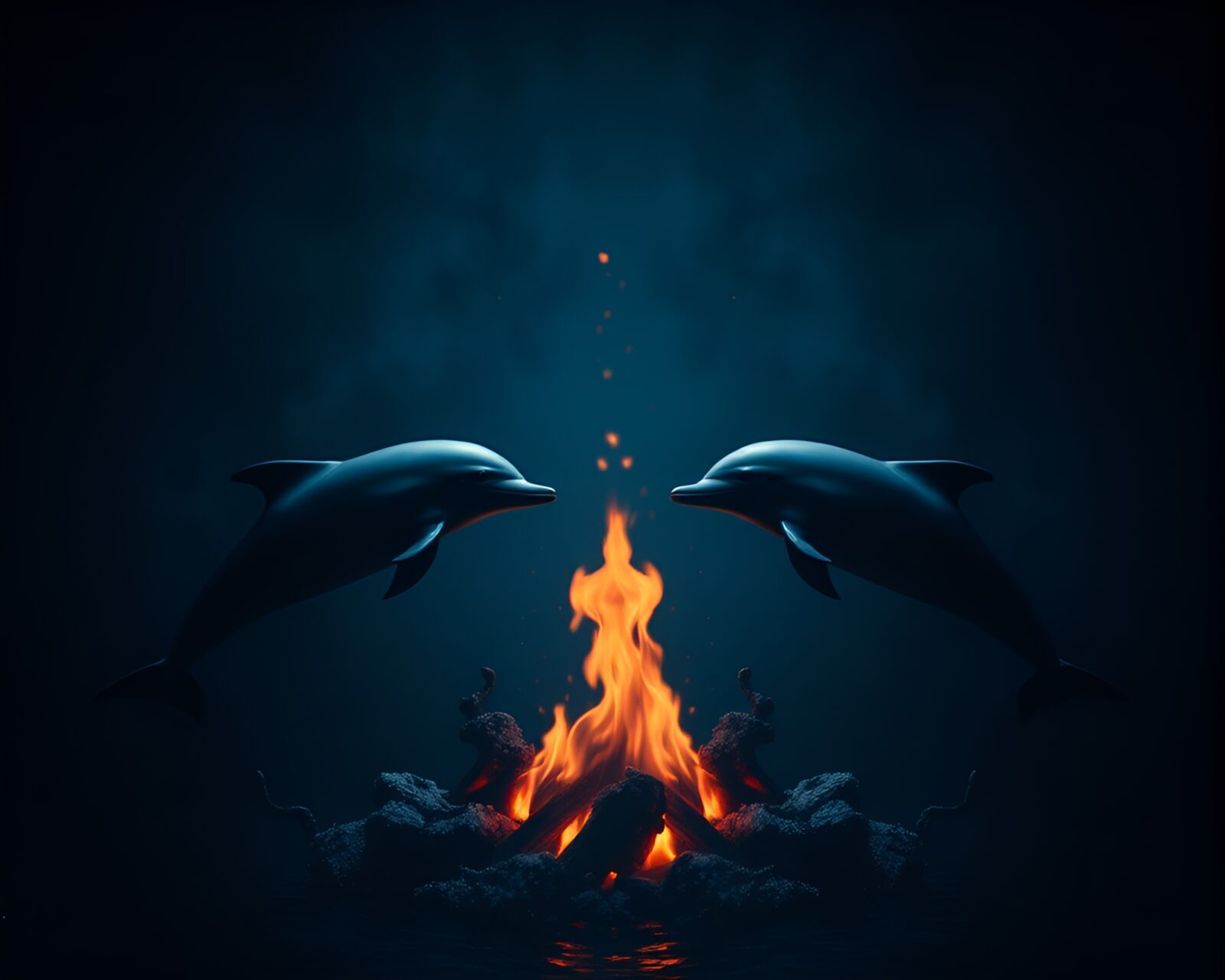 Two dolphins dancing under ambient fireplace light