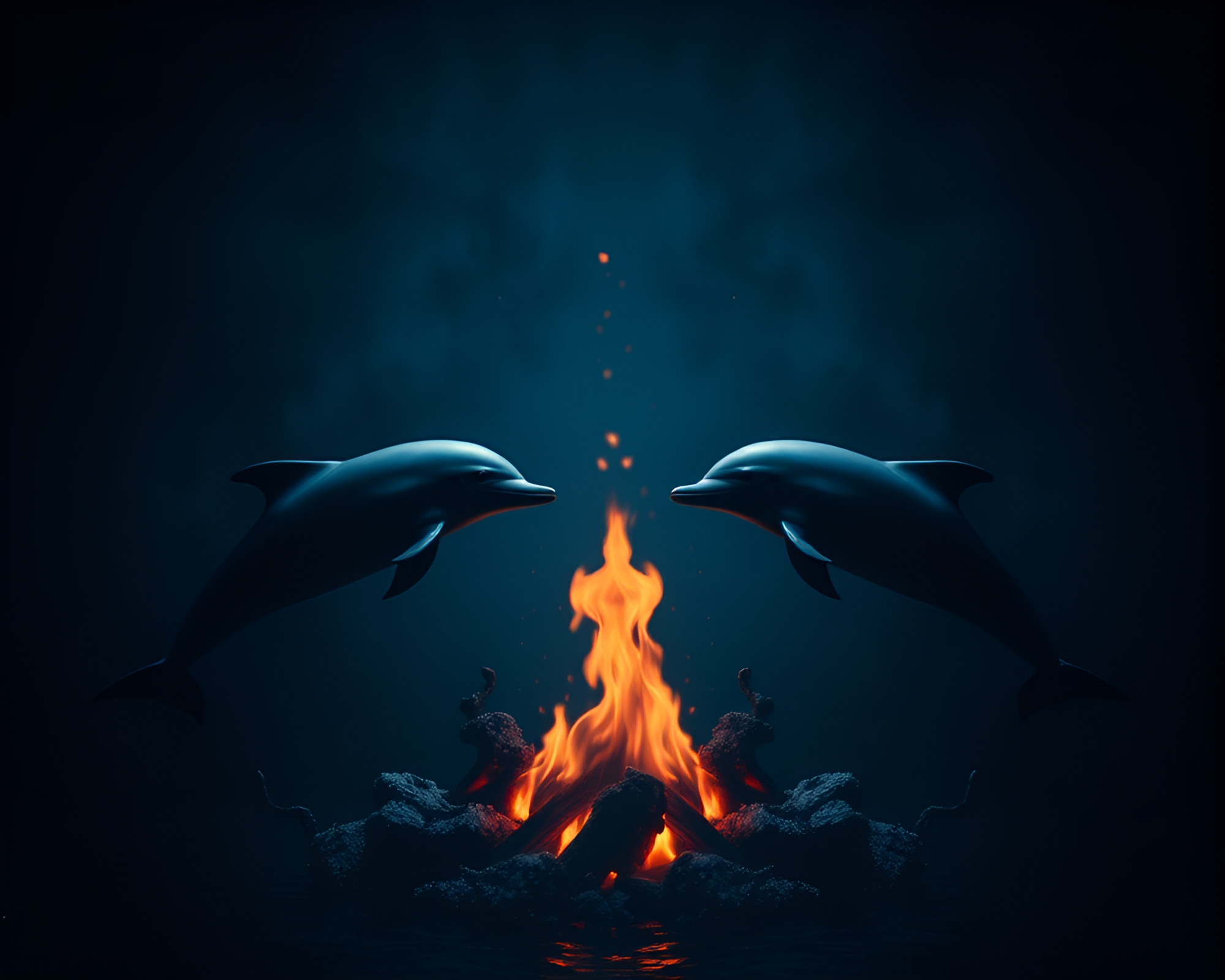 Symmetrical Dolphin Dance by the Fireplace – free AI stock image