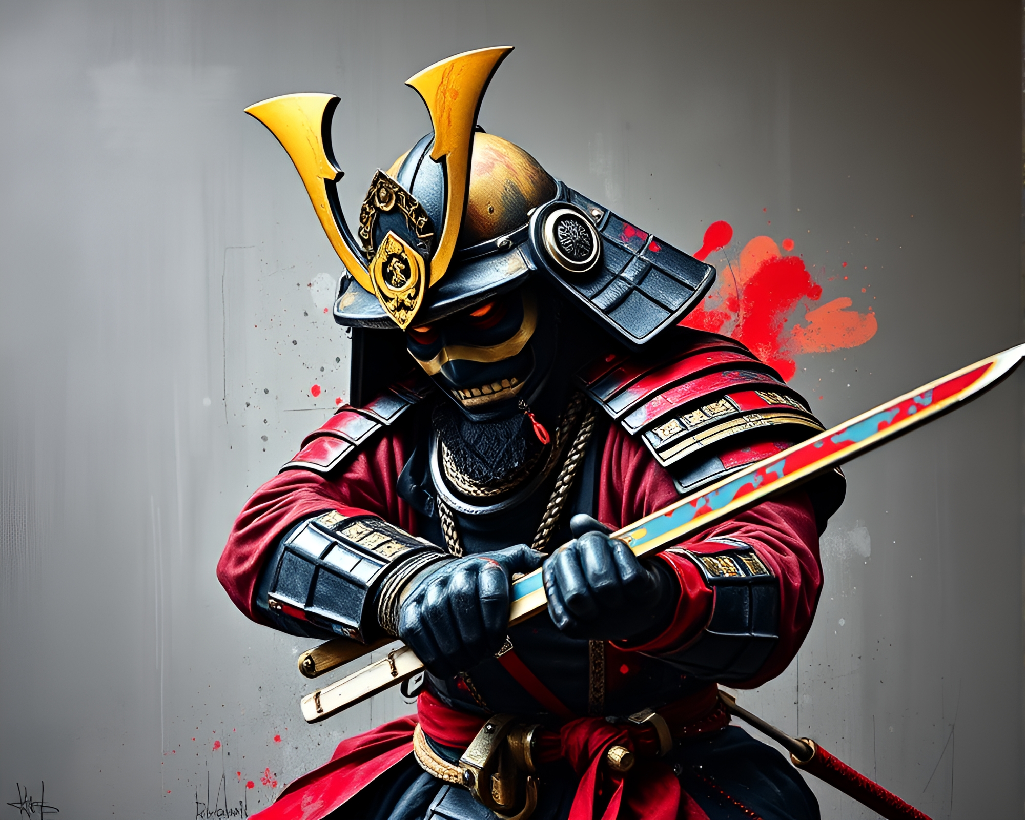 Samurai Warrior in Urban Dutch Angle Graffiti Setting – free AI stock image