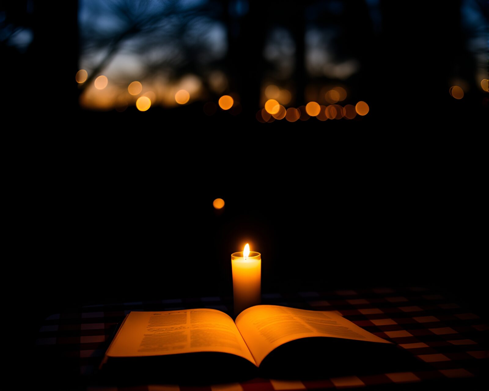 Backlit silhouette in dreamlike candlelit ambiance with checkered pattern