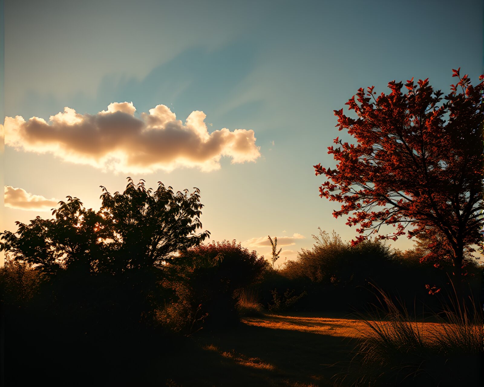 Silhouette of plants against a warm orange sky background