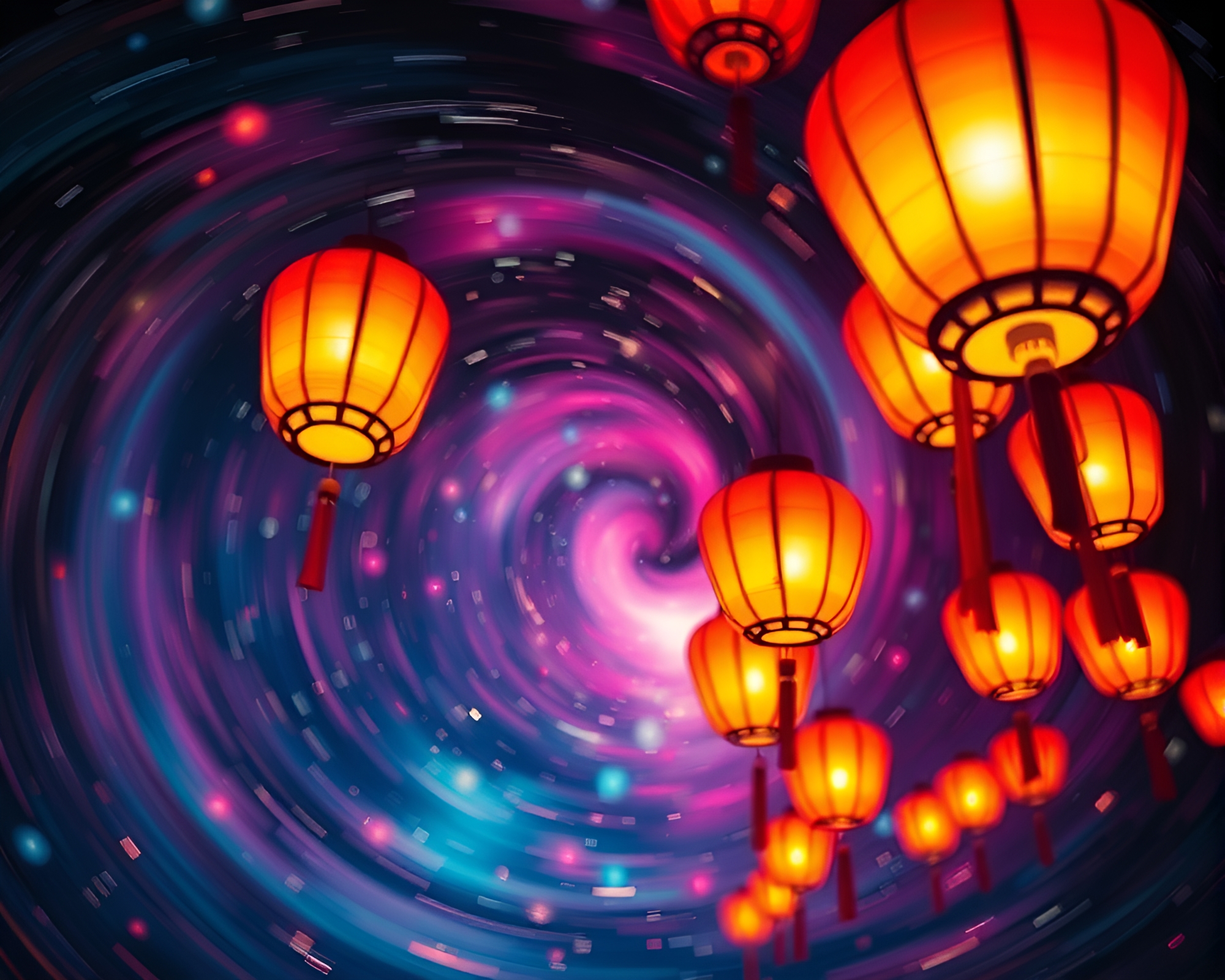 Swirling Lanterns in Ethereal Galaxy Light – free AI stock image