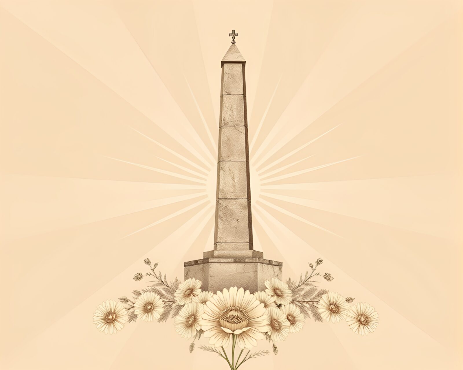 Sepia-toned botanical illustration of symmetrical obelisk surrounded by flora