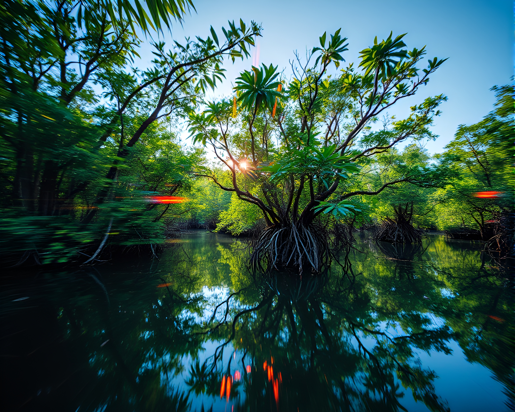 Mangrove Swamp Double Exposure Mural with Iridescent Highlights – free AI stock image