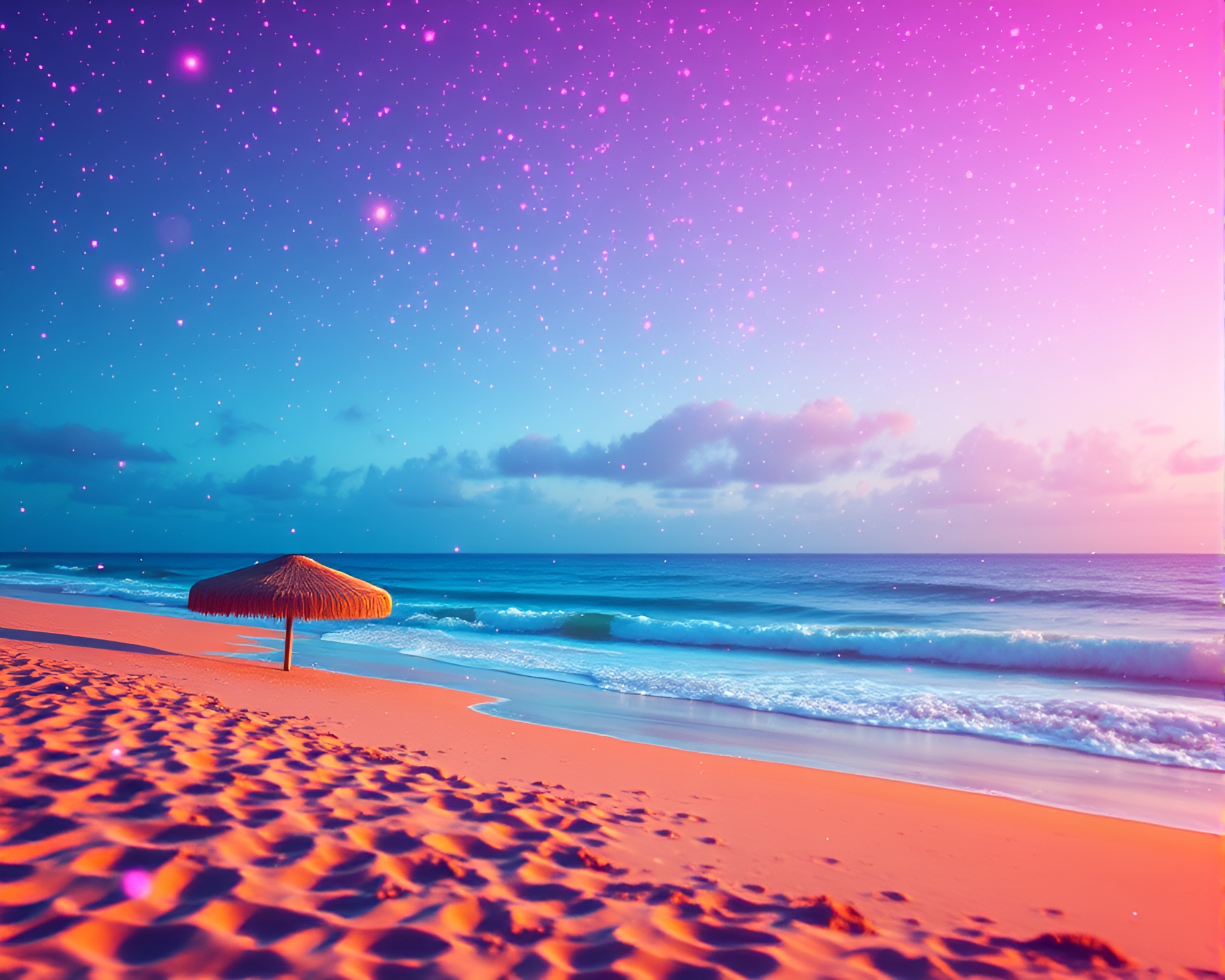 Neon Beach Portrait with Particle Simulation – free AI stock image