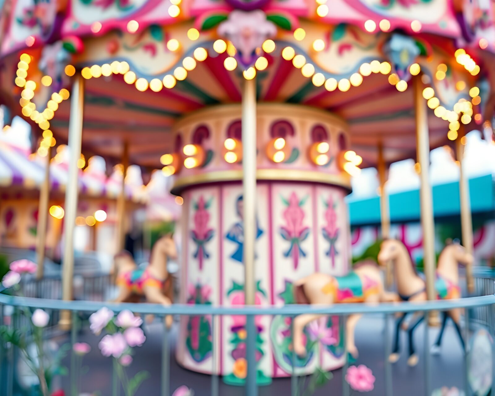 A whimsical carousel with colorful floral and graffiti details