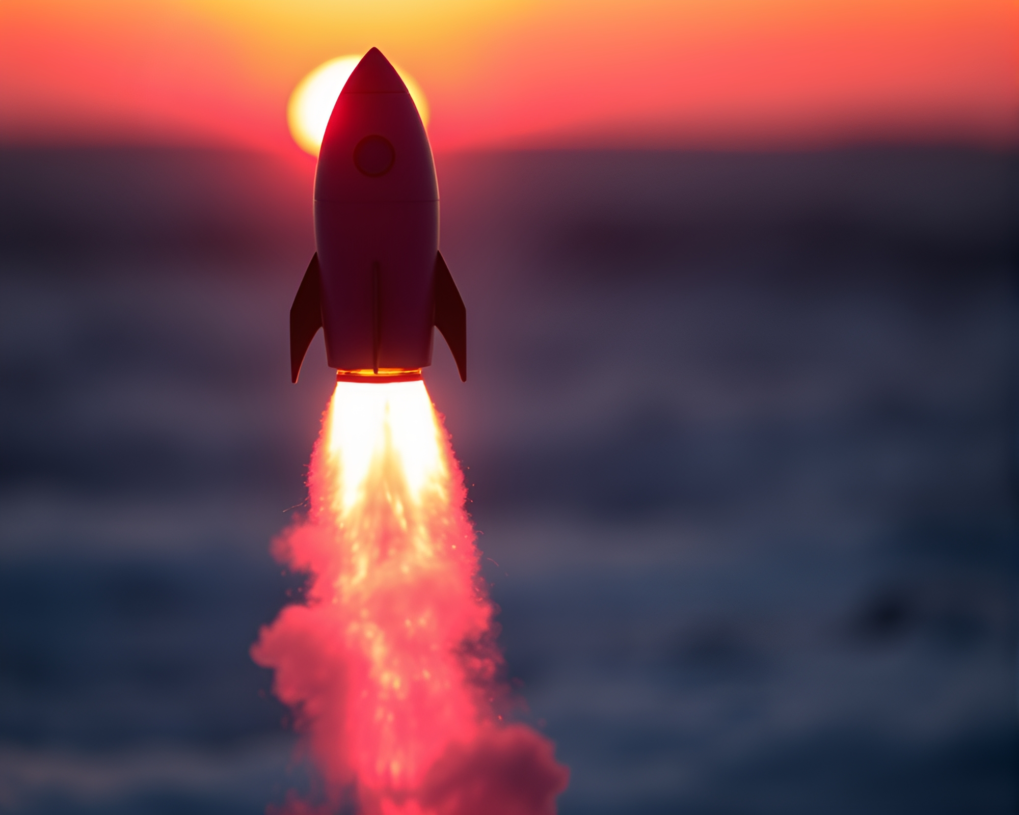 Rocket Launch in Tri-Tone Sunrise Sky – free AI stock image