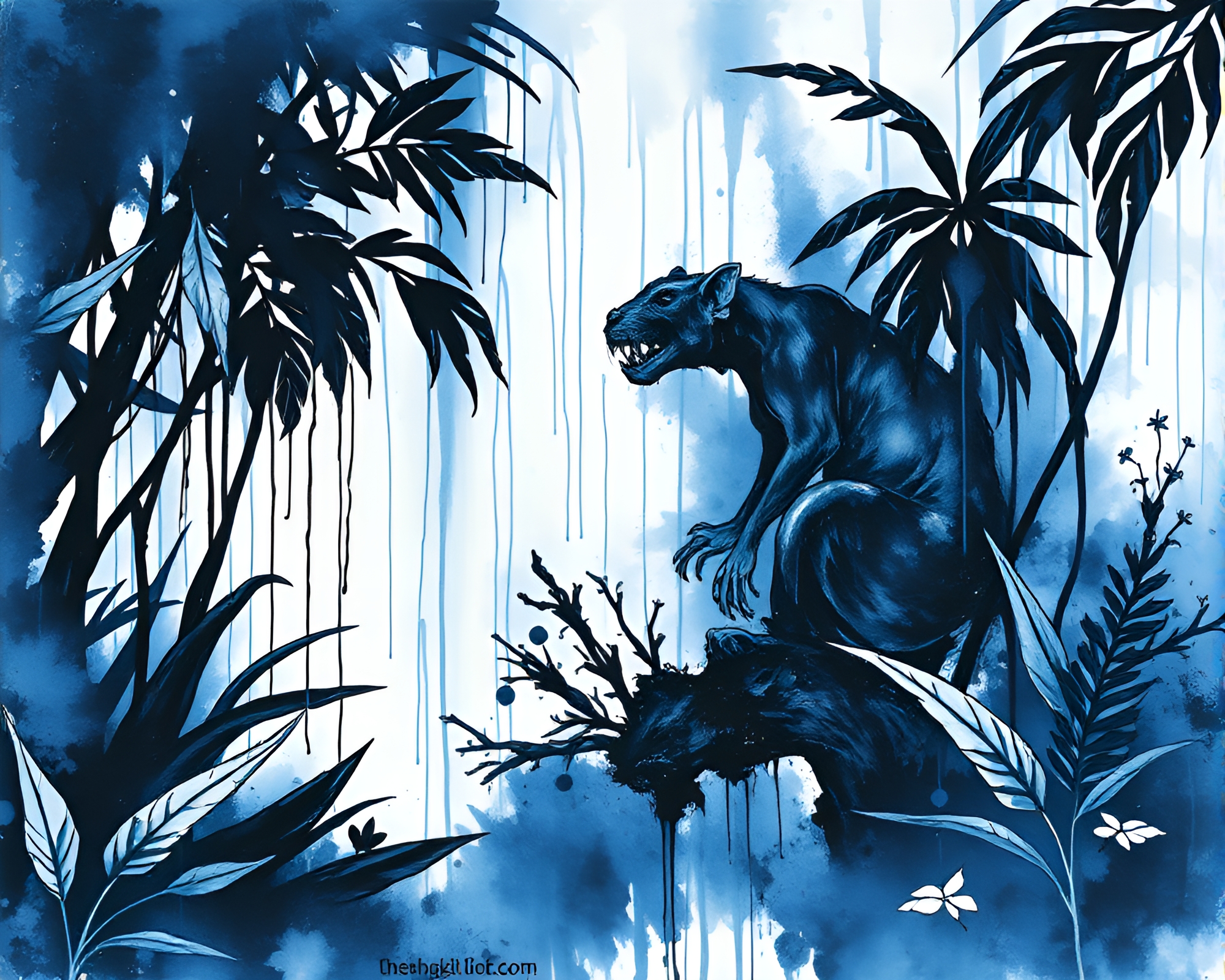 Ink Wash Jungle: Monochrome Blue – free AI stock image