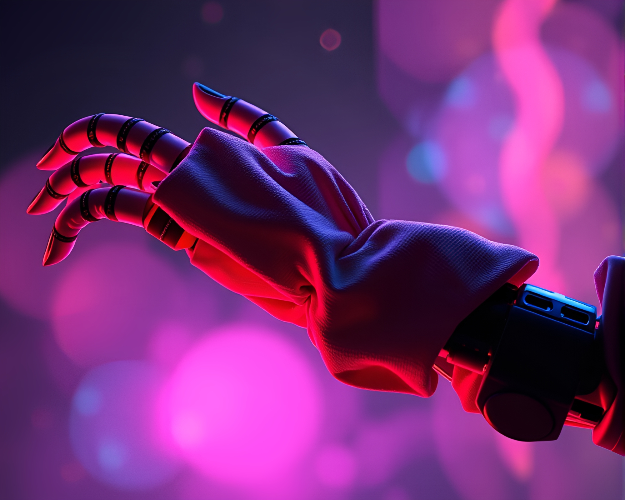 Robotic arm folds fabric in pastel neon silhouette – free AI stock image