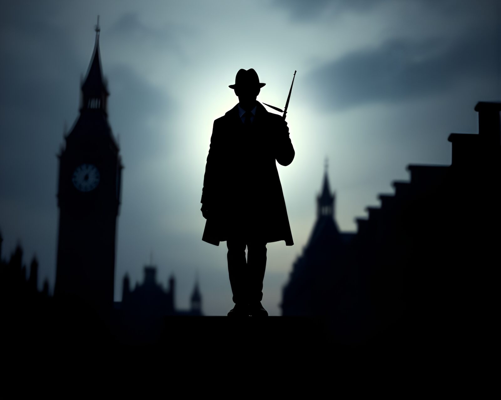 Mysterious silhouette of Sherlock Holmes under a starry night