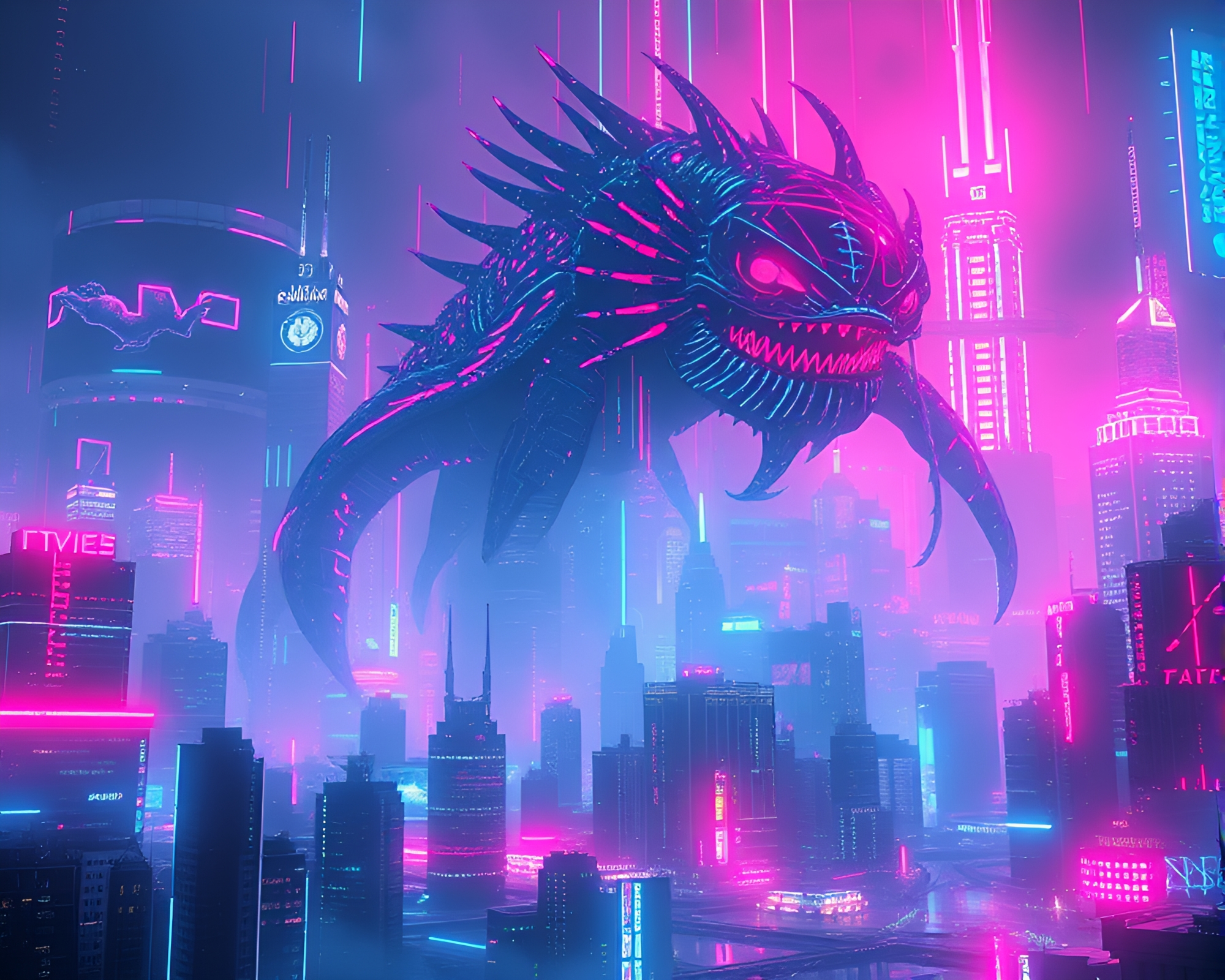 Glitch Leviathan roars in Neon Cityscape Concept Art – free AI stock image