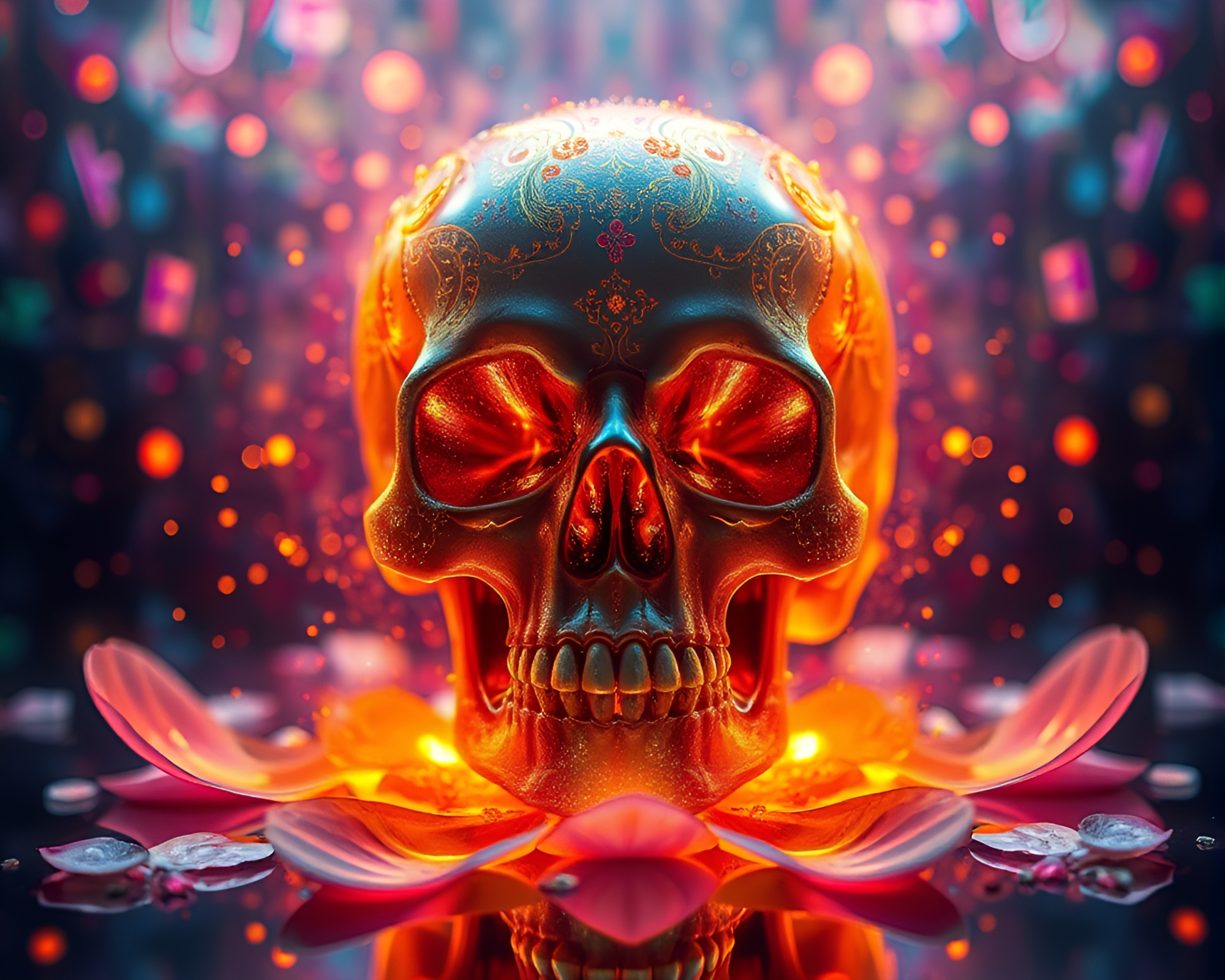 Fractal Glow Crystal Skull with Color Splash Flower Petals – free AI stock image