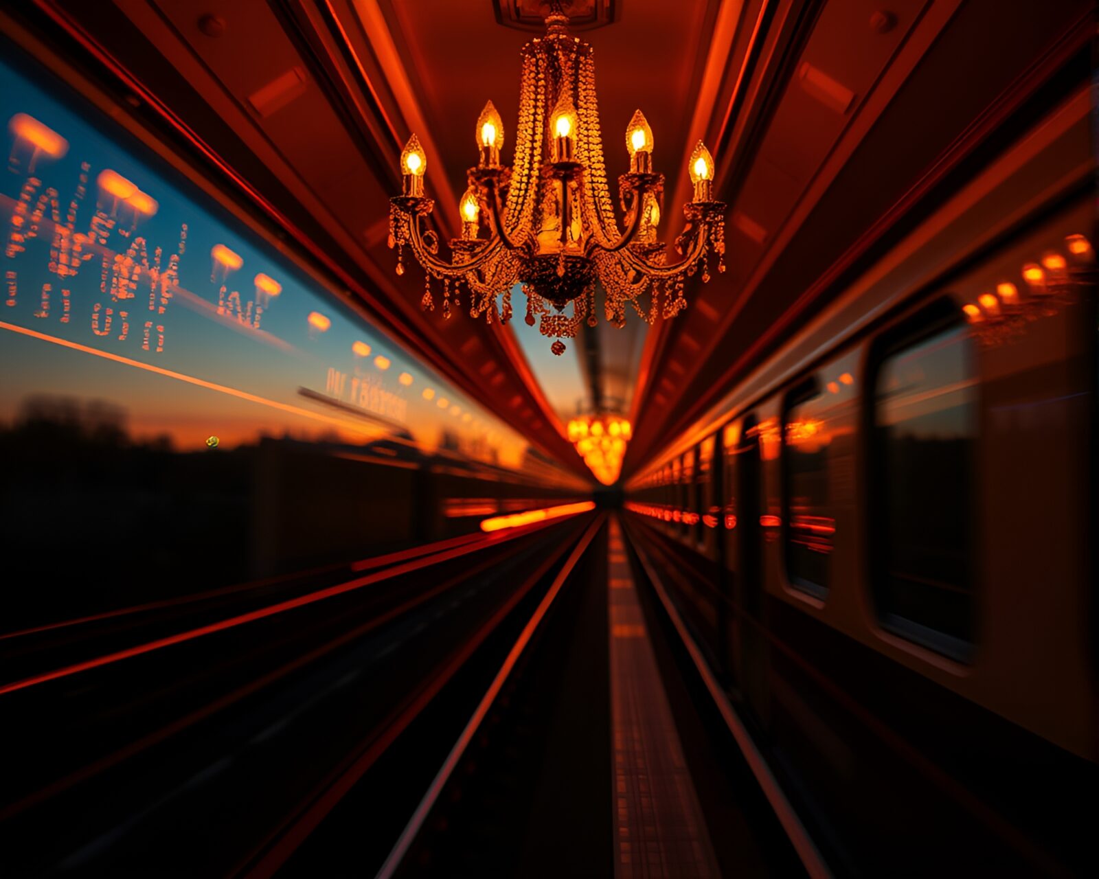 Abstract illustration of train light trails and chandelier at sunset