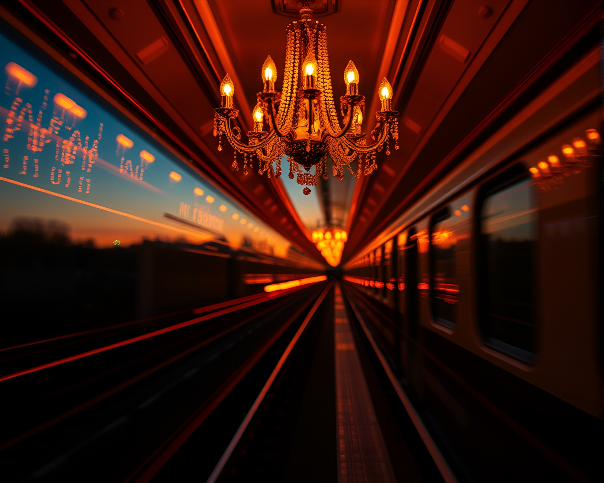 Cubist Train Chandelier at Sunset – free AI stock image