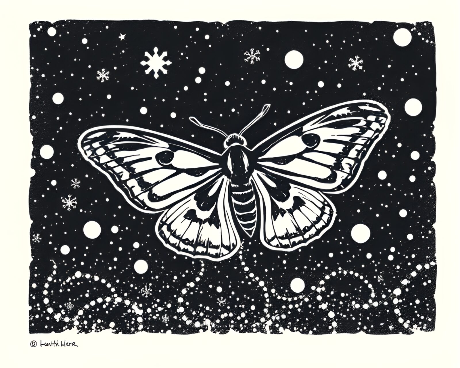 Artistic linocut print of a moth in snowflake-filled light