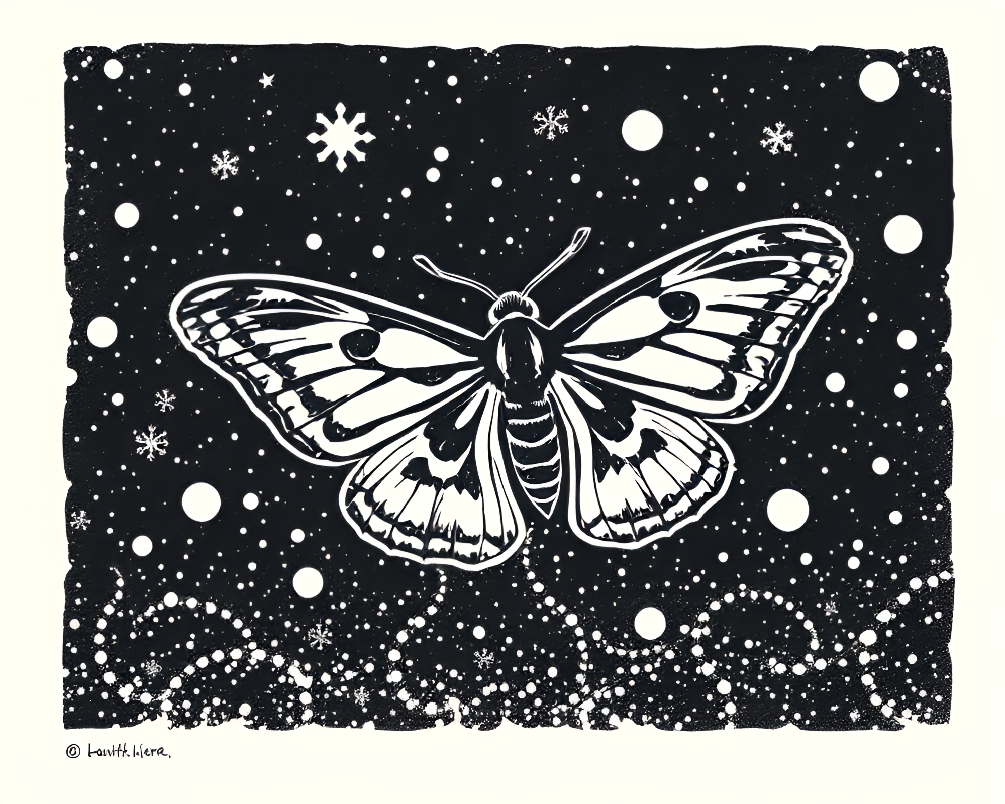 Moth fluttering among delicate snowflake linocuts – free AI stock image