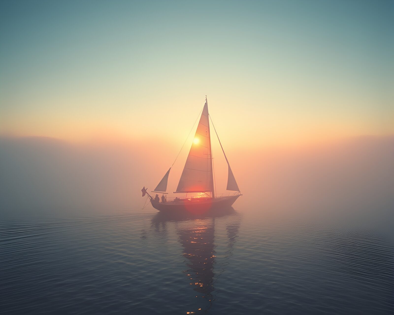 Majestic solar sailboat in serene foggy planetary landscape