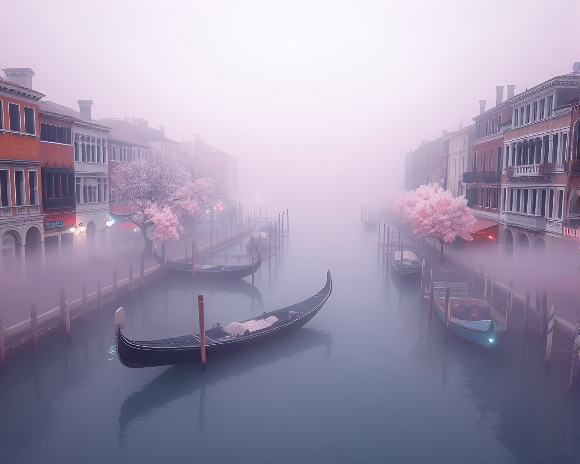 Venetian Canal Veiled in Iridescent Fog Banks – free AI stock image