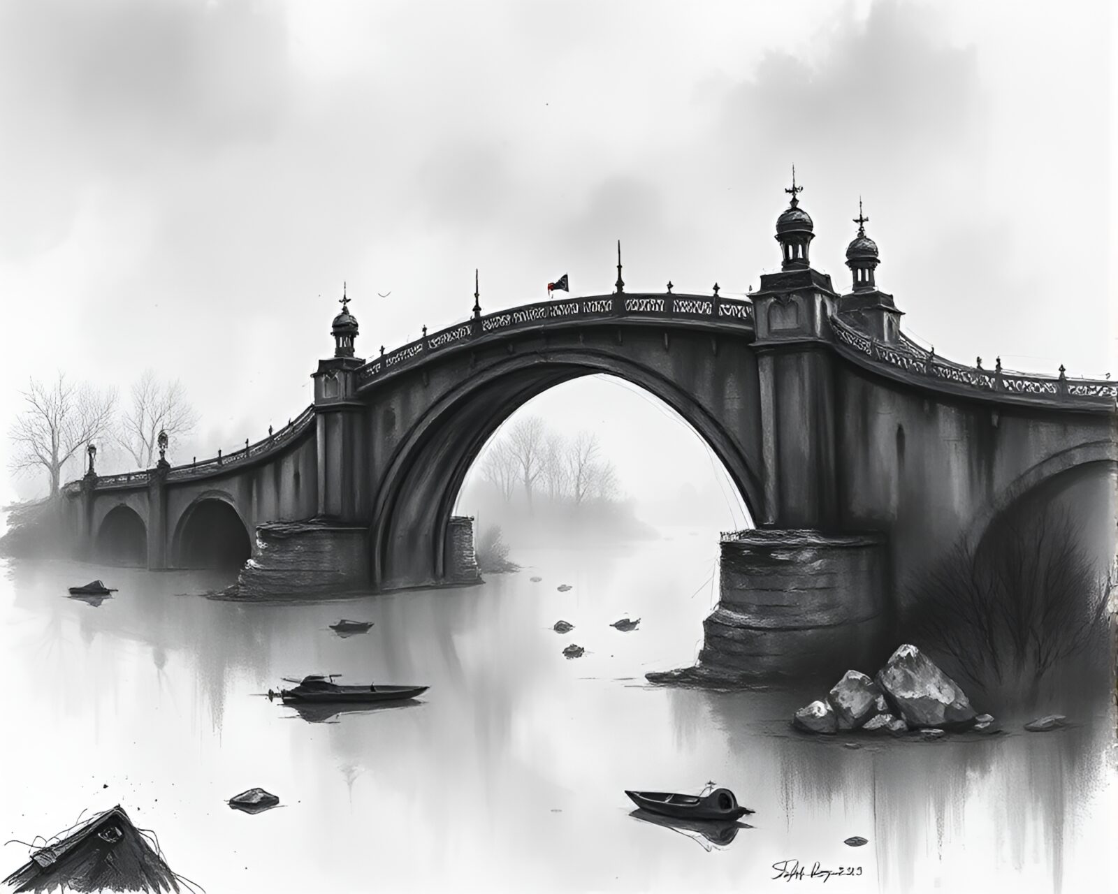 Charcoal sketch of desaturated arch bridge surrounded by floating embers