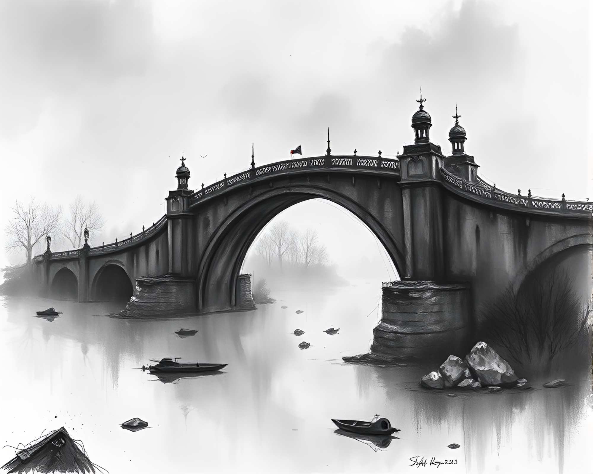 Arch bridge engulfed in floating embers at dawn – free AI stock image
