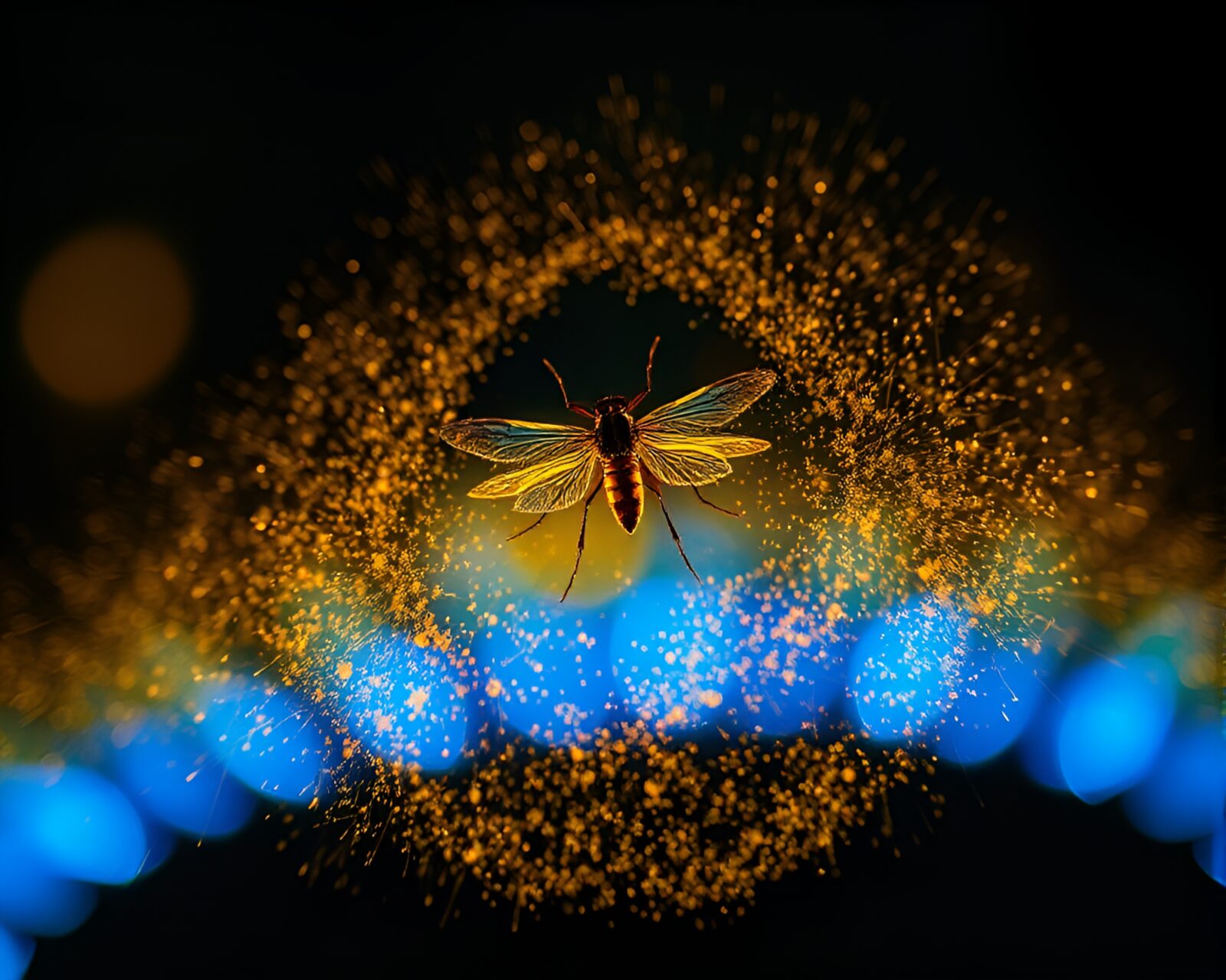 Mystical scene with sparkling dust particles and luminous fireflies