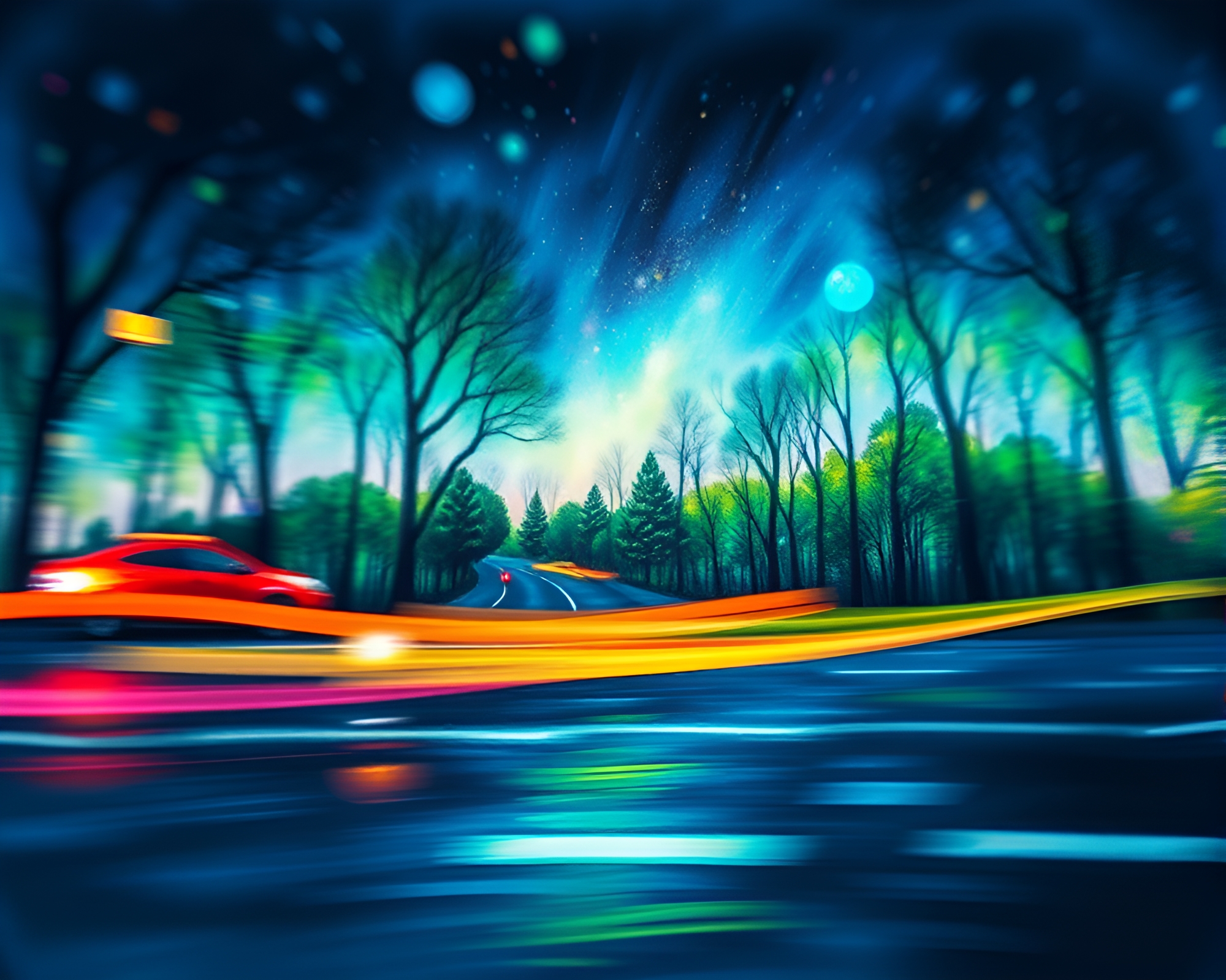 Bioluminescent Forest Taxi Ride: Milky Way Pastel Dream – free AI stock image