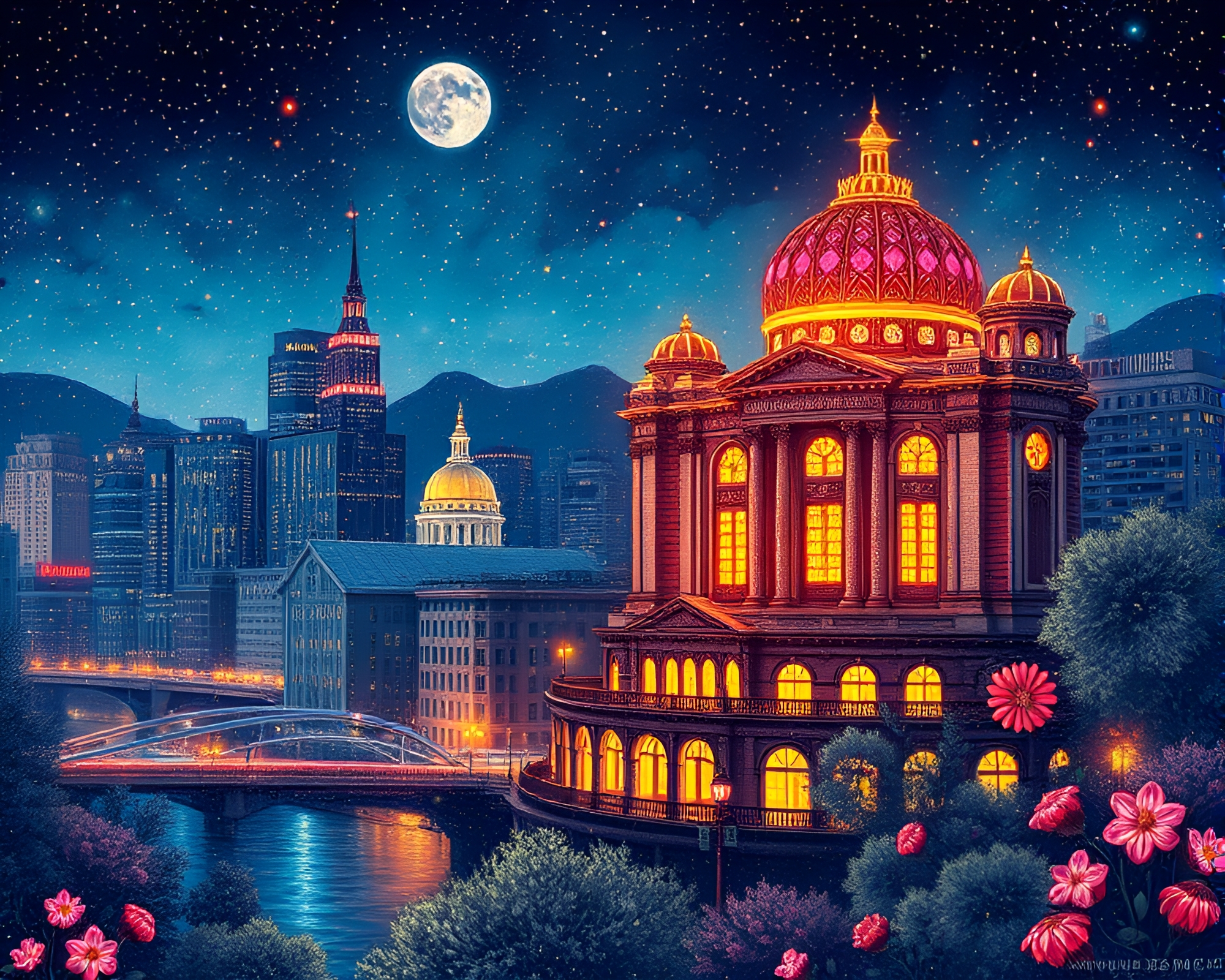 Virtual Opera-House Glow: Botanical Pointillist Cityscape – free AI stock image