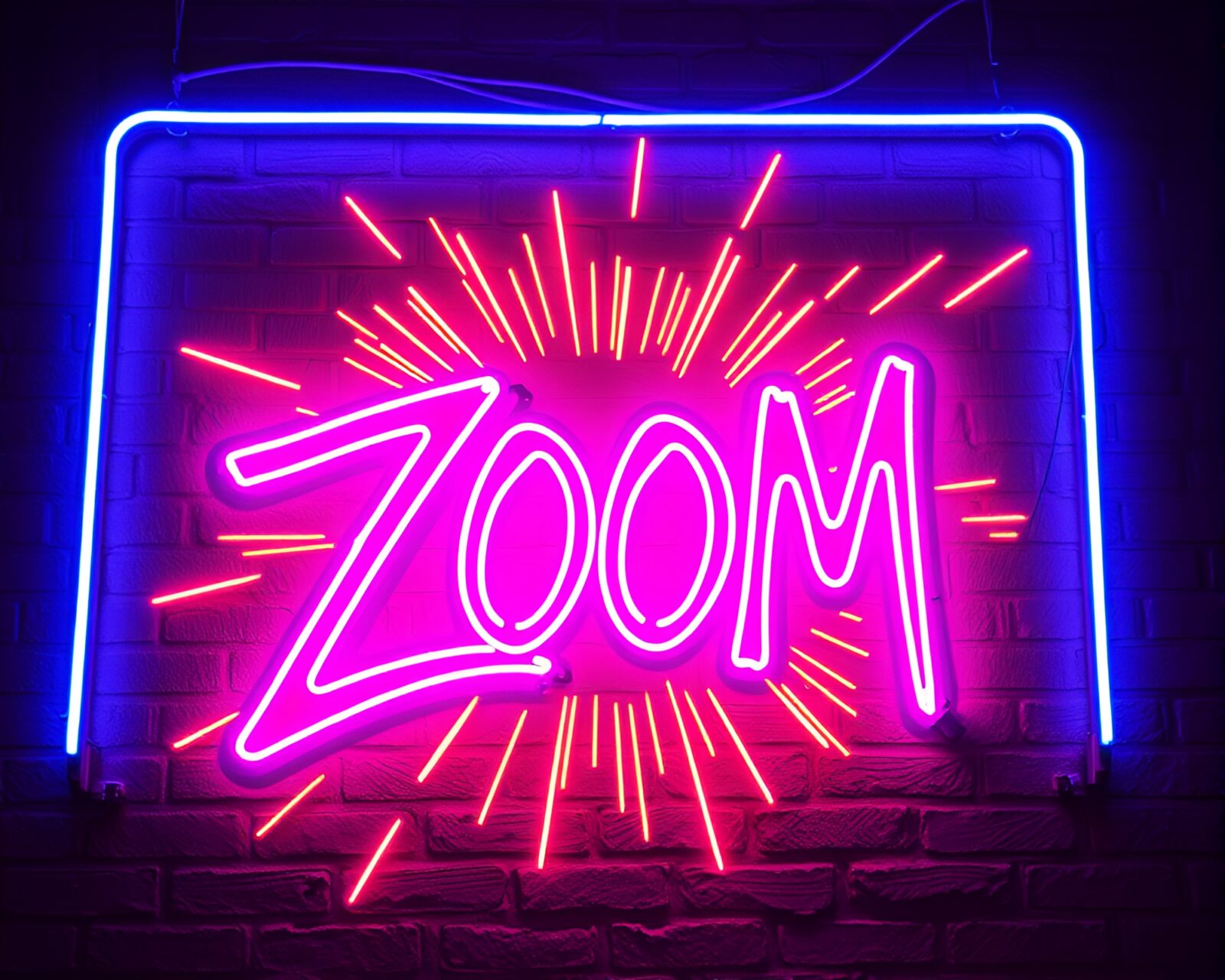 Colorful neon signs with zoom burst effect in dark room