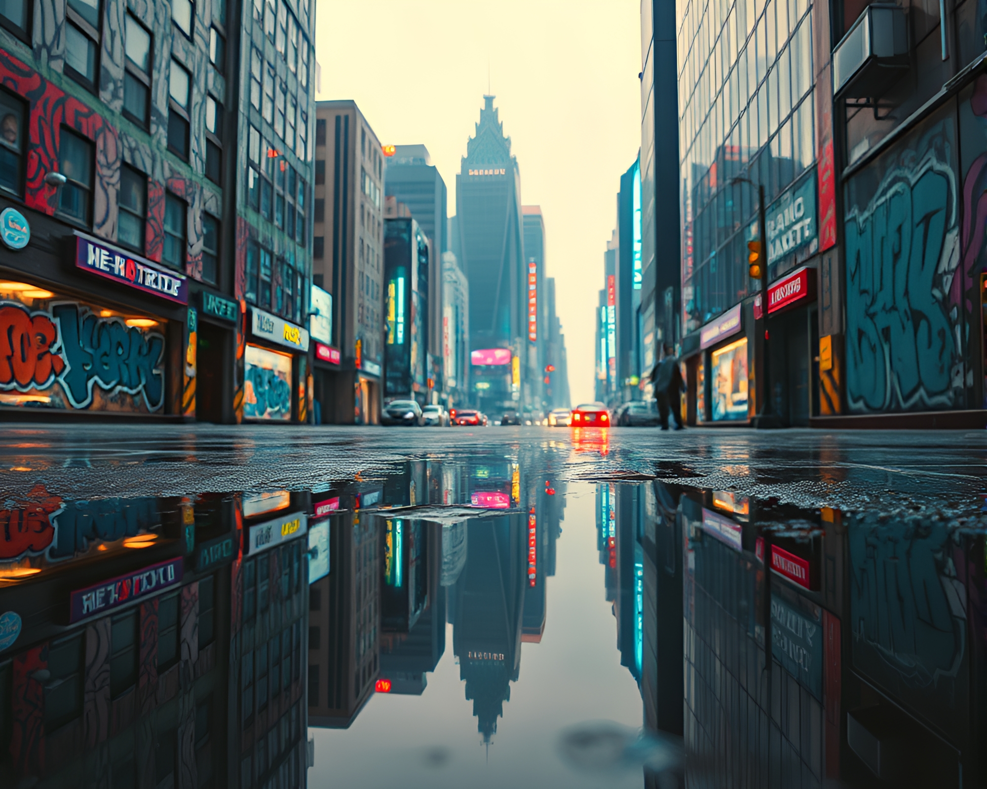 Futuristic City Puddle Reflection Graffiti Art – free AI stock image