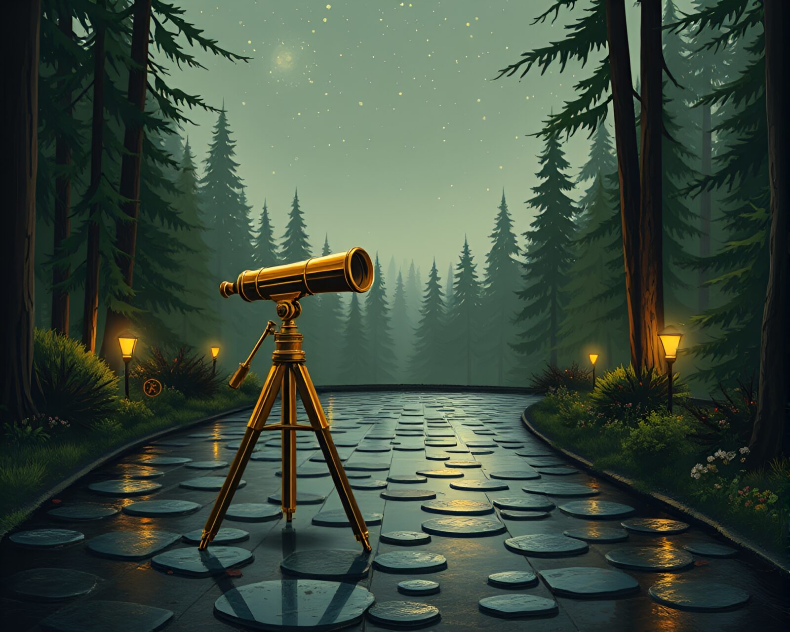 Brass telescope silhouette against wet pavement in enchanted forest